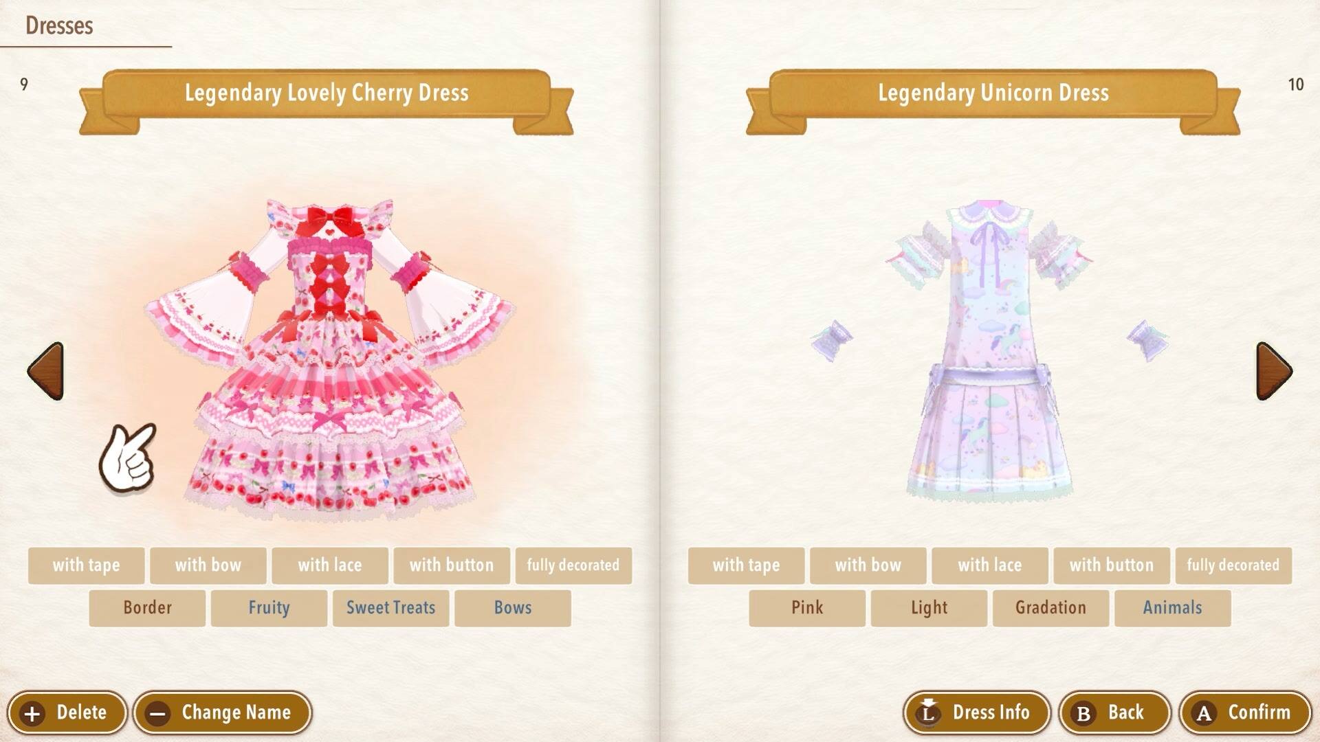 Dresses

9 Legendary Lovely Cherry Dress

10 Legendary Unicorn Dress

with tape with bow with lace with button fully decorated

Border Fruity Sweet Treats Bows

Pink Light Gradation Animals

Delete Change Name

Dress Info Back Confirm