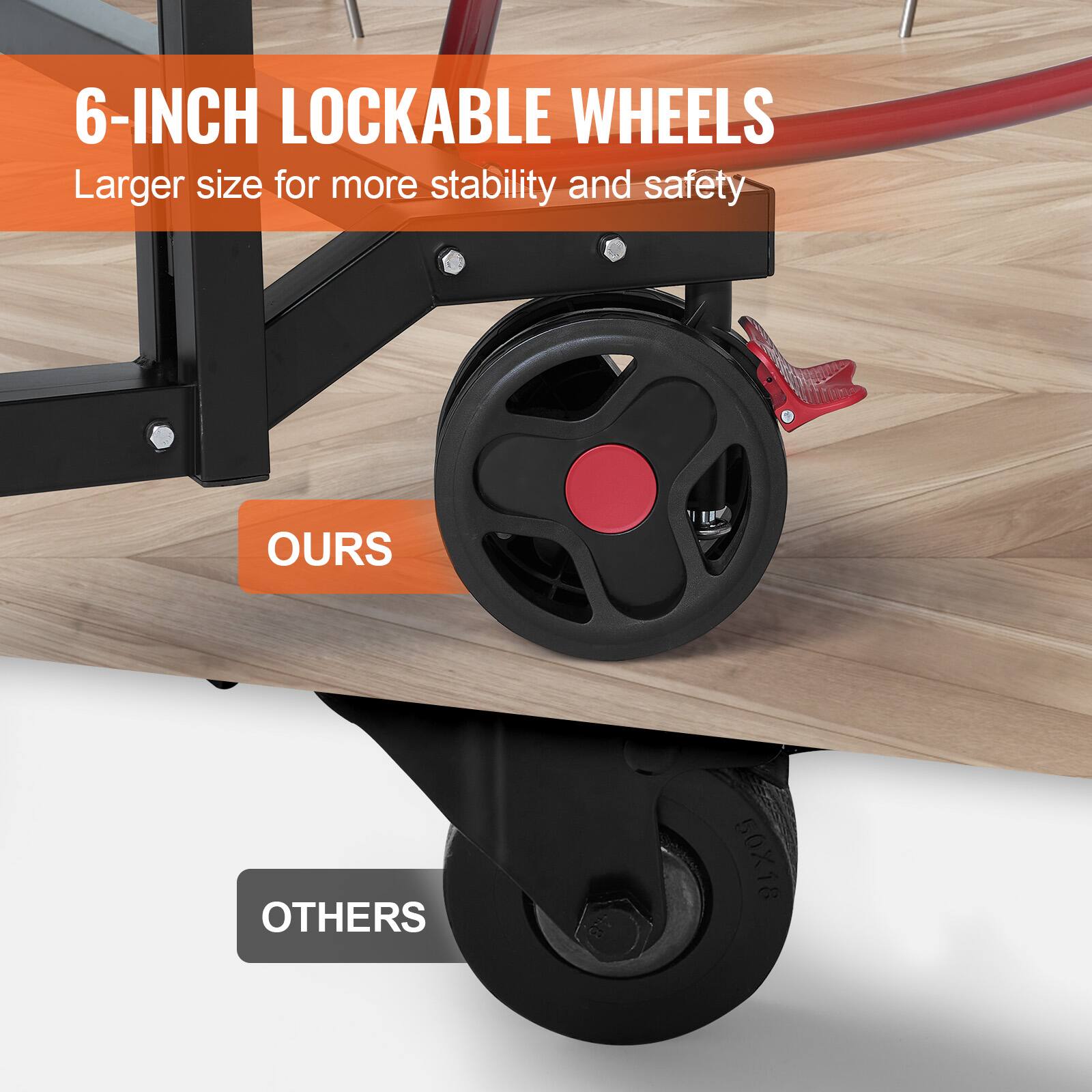 6-INCH LOCKABLE WHEELS  
Larger size for more stability and safety  

OURS  
50X18  

OTHERS