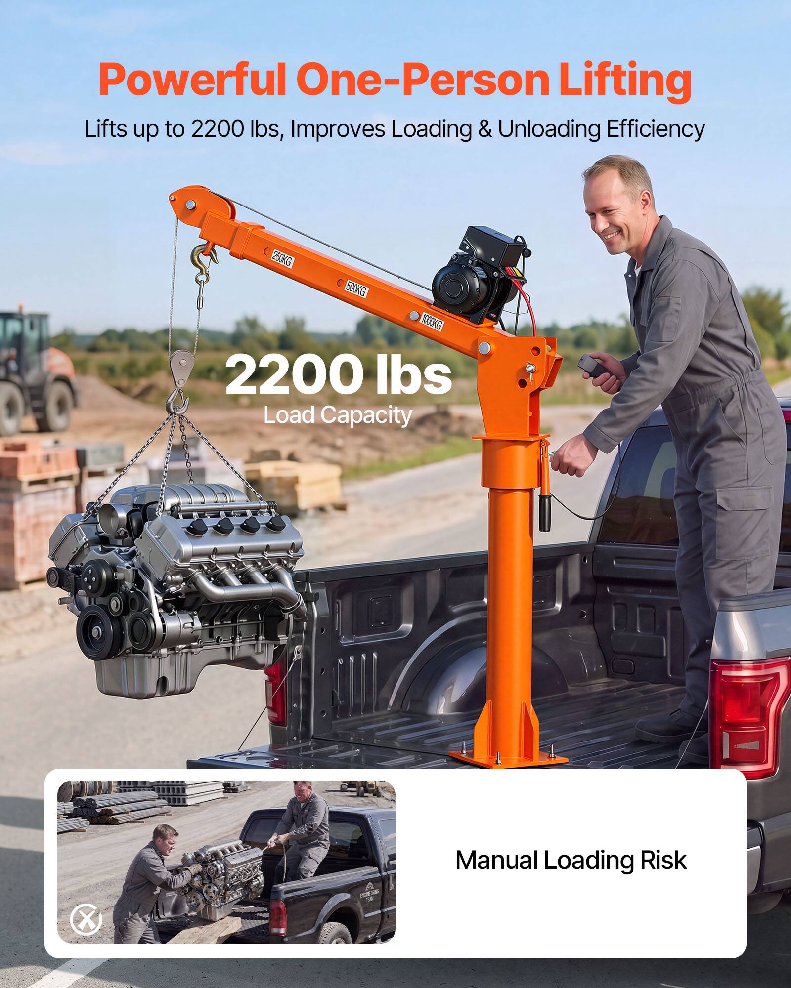 Powerful One-Person Lifting  
Lifts up to 2200 lbs, Improves Loading & Unloading Efficiency  

2200 lbs Load Capacity  

Manual Loading Risk