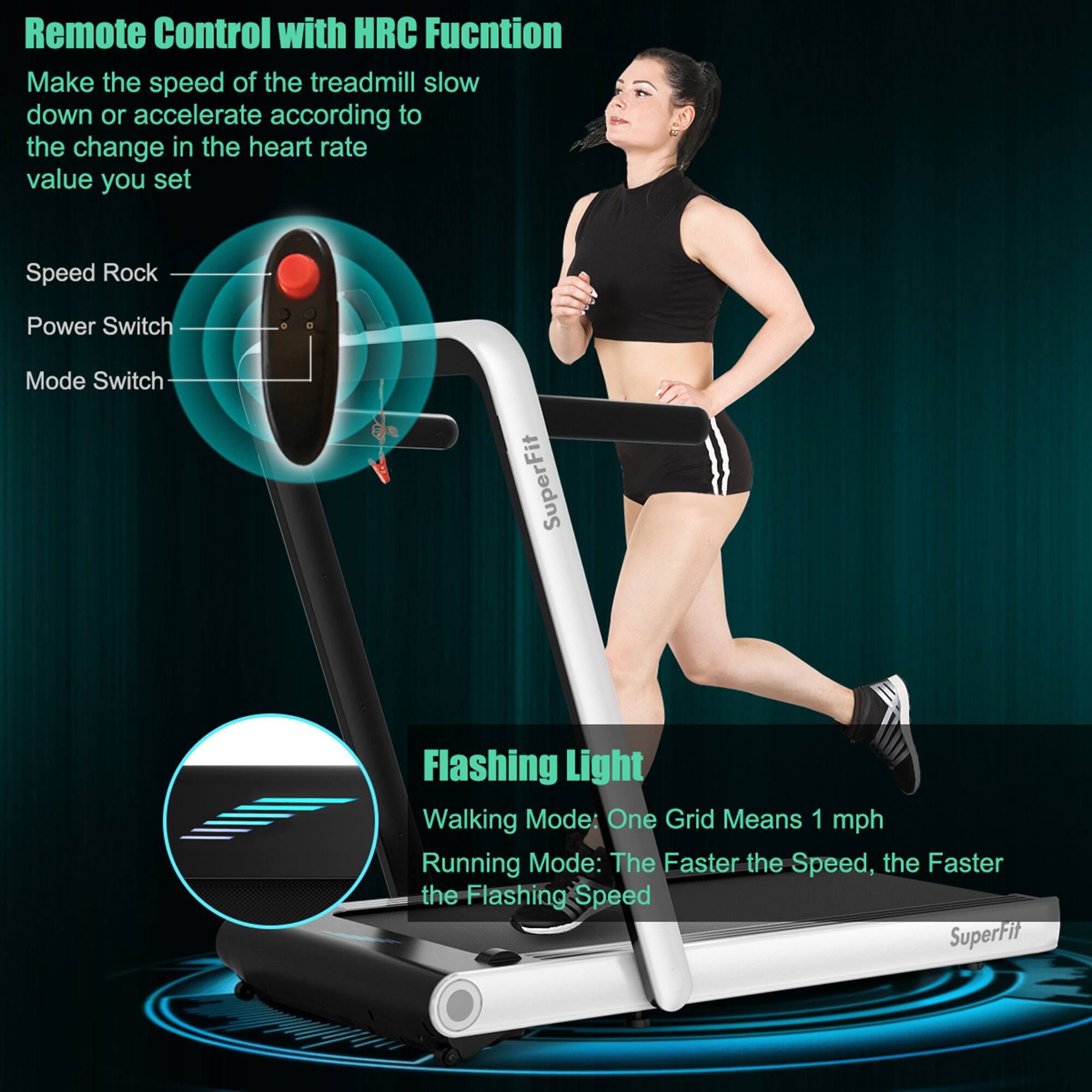 Remote Control with HRC Function  
Make the speed of the treadmill slow down or accelerate according to the change in the heart rate value you set  

Speed Rock  
Power Switch  
Mode Switch  

Flashing Light  
Walking Mode: One Grid Means 1 mph  
Running Mode: The Faster the Speed, the Faster the Flashing Speed