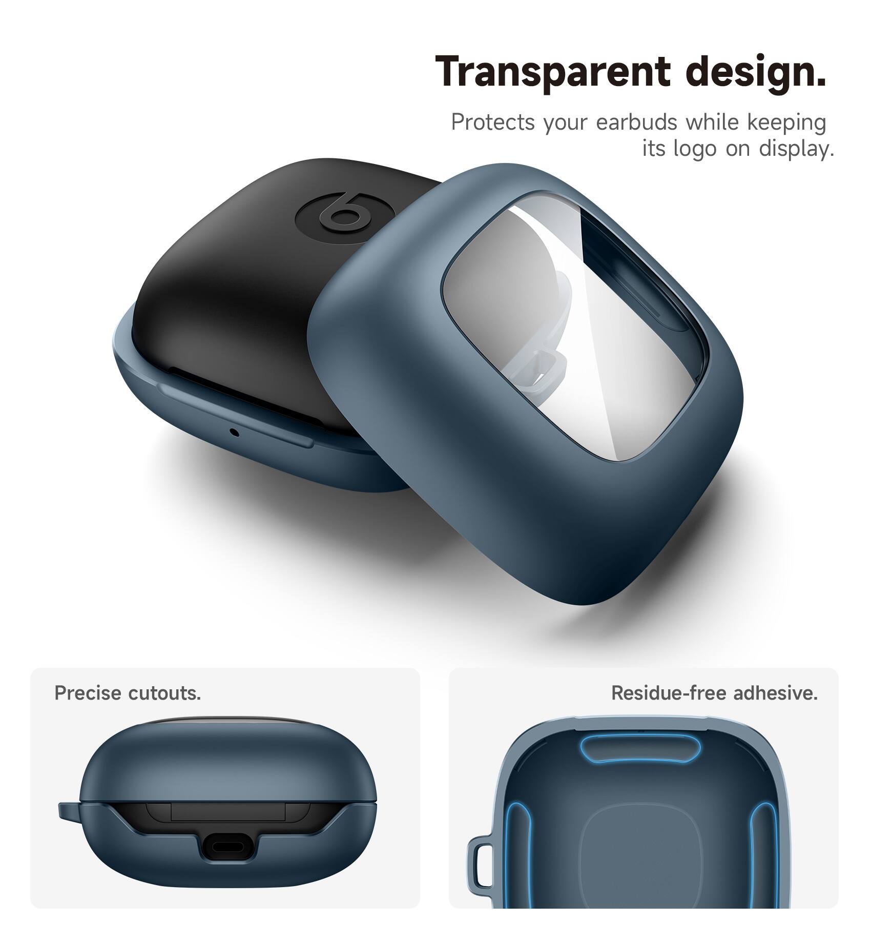 Transparent design. Protects your earbuds while keeping its logo on display. Precise cutouts. Residue-free adhesive.