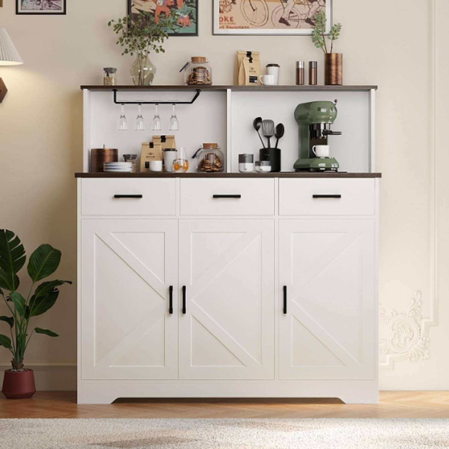 Back. Qeetex - White Microwave Cabinet with 3 Drawers, Modern Kitchen Storage Stand with Doors - White.
