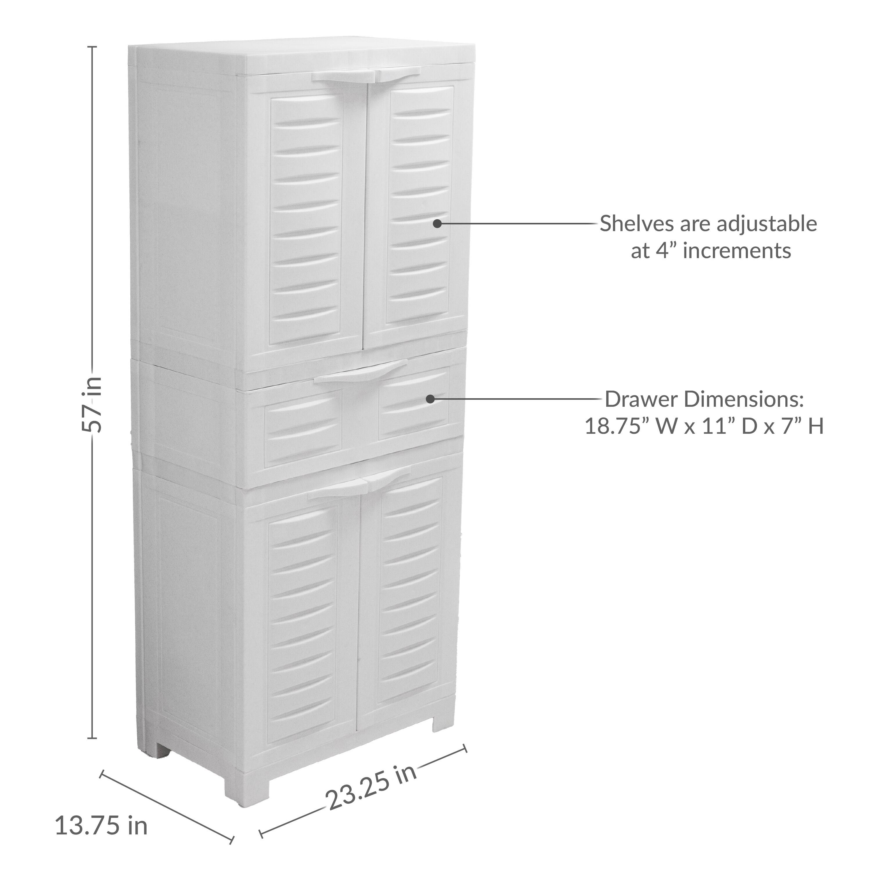 Shelves are adjustable at 4" increments in 57-in Drawer Dimensions: 18.75" W x 11" D x 7" H 13.75 in in 23.25