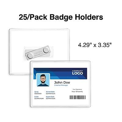 25/Pack Badge Holders  
4.29" x 3.35"  

CAUTION MAGNETIC  

COMPANY LOGO  

John Doe  
Creative Manager  

ID No: 0000000  
Joined Date: DOMM/VEAR  
Expire Date: DOMM/VEAR  

Your Signature  
Your Sincerely  

DOMMYEAR