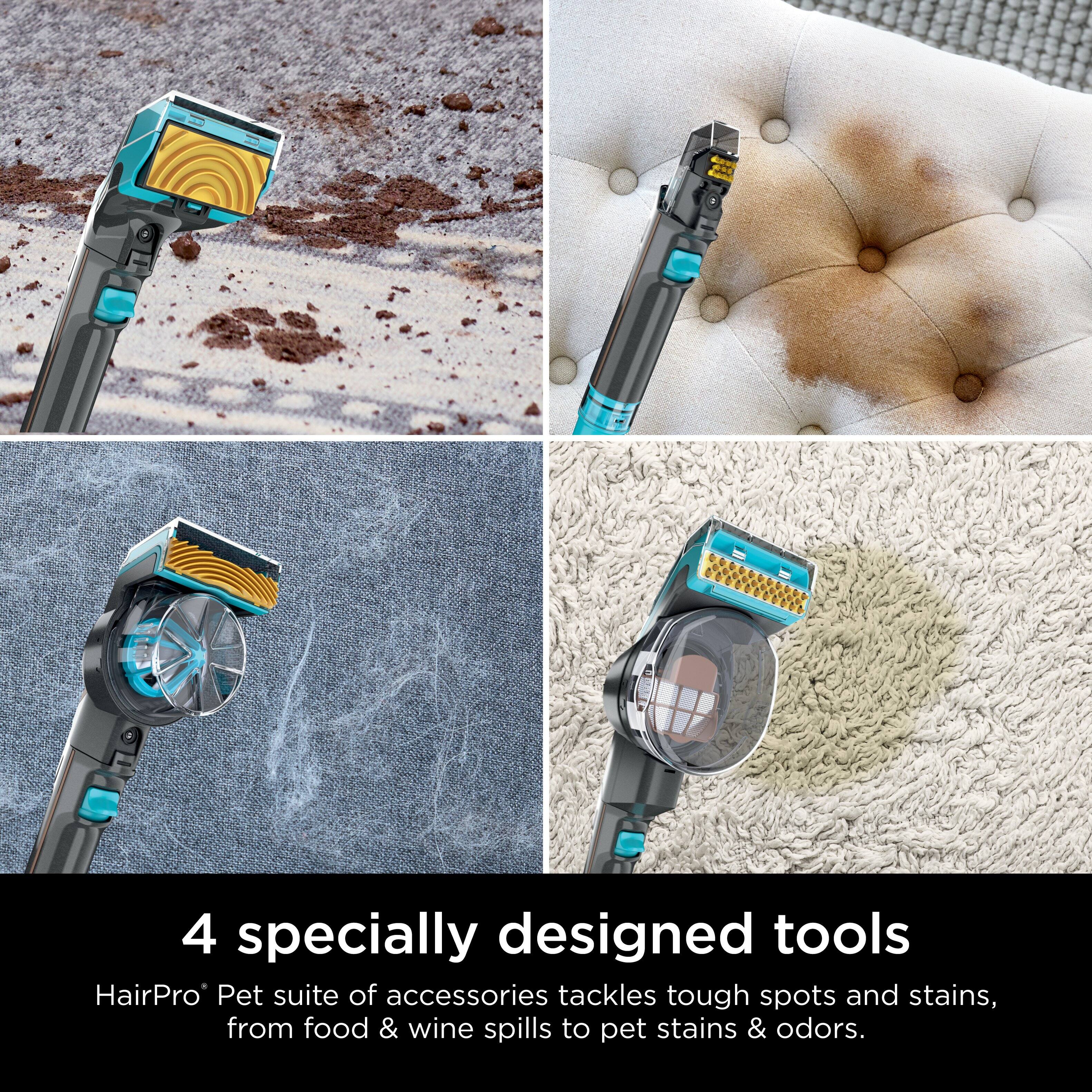 The image shows four different tools designed by HairPro to tackle tough spots and stains. These tools are part of the HairPro Pet suite of accessories, which are specifically designed to handle various cleaning challenges, such as food and wine spills, pet stains, and odors.