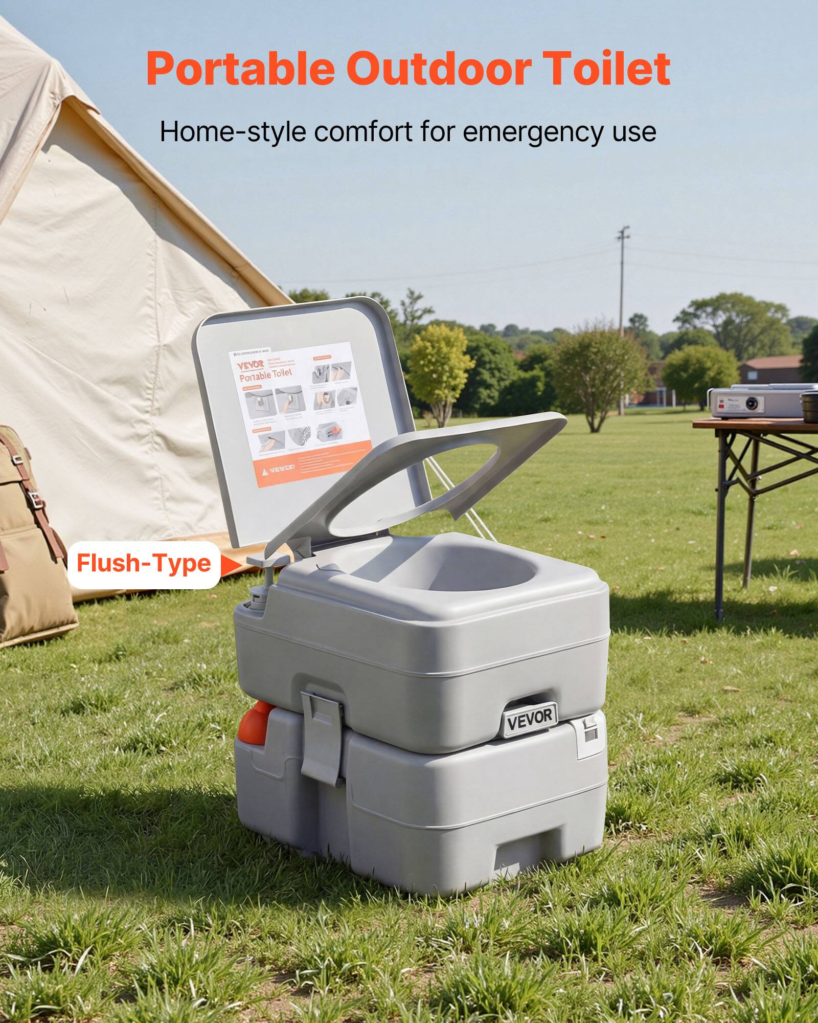 Portable Outdoor Toilet  
Home-style comfort for emergency use  
VEVOR Portable Toilet  
Flush-Type