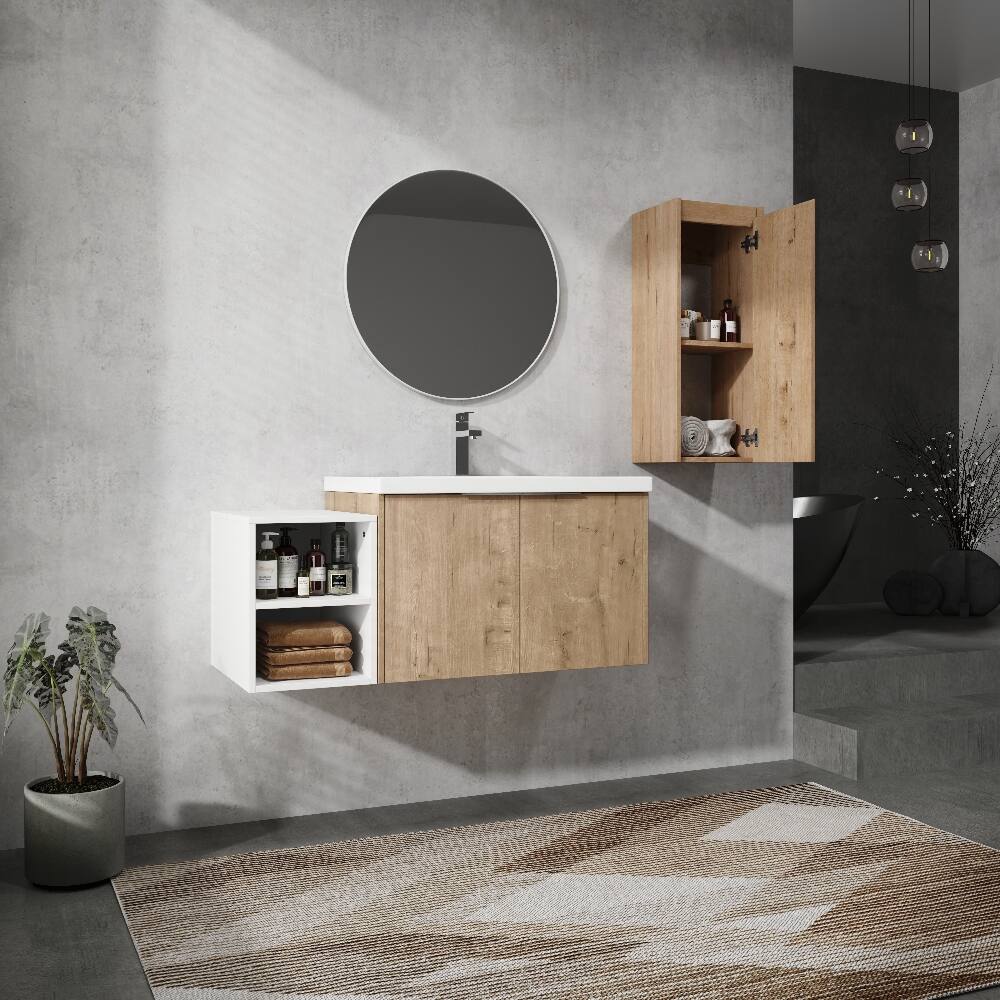 Alt View 6. Loheer - Loheer 42 inch wall mounted bathroom vanity Imitative Oak Floating Cabinet with Resin Sink - Imitative Oak.