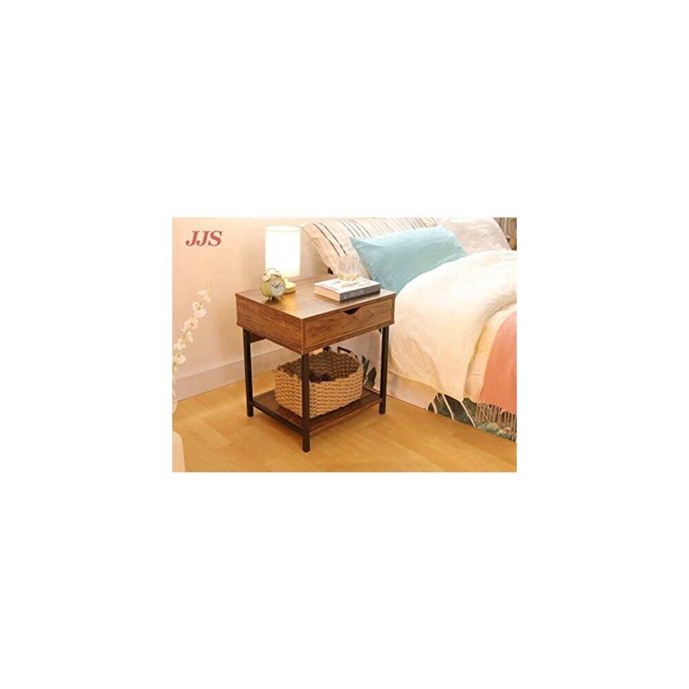 Left. JJS - Bedside Table With Drawer And Storage Shelves - Brown.