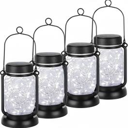 FINEAK - 18.9" 4 Pack Solar Hanging Mason Jar Lights - 30LED Cool Waterproof with Stakes - White