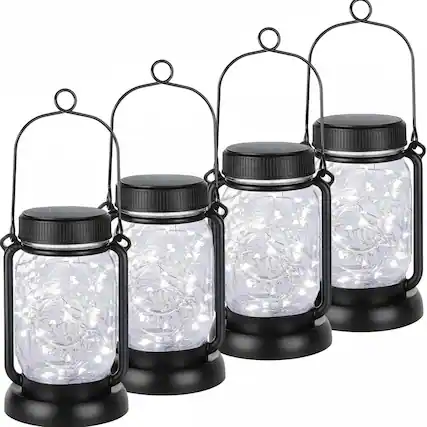 Front. FINEAK - 18.9" 4 Pack Solar Hanging Mason Jar Lights - 30LED Cool White Waterproof with Stakes - White.