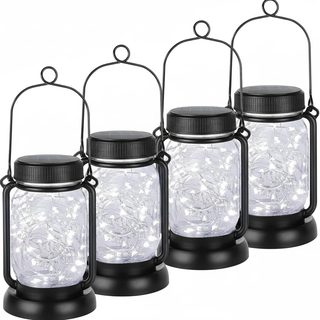 Front. FINEAK - 18.9" 4 Pack Solar Hanging Mason Jar Lights - 30LED Cool White Waterproof with Stakes - White.