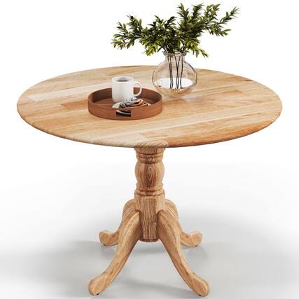 Front. Resenkos - Wooden Dining Table with Round Tabletop and Curved Trestle Legs-Natural, Dining Table - Brown.