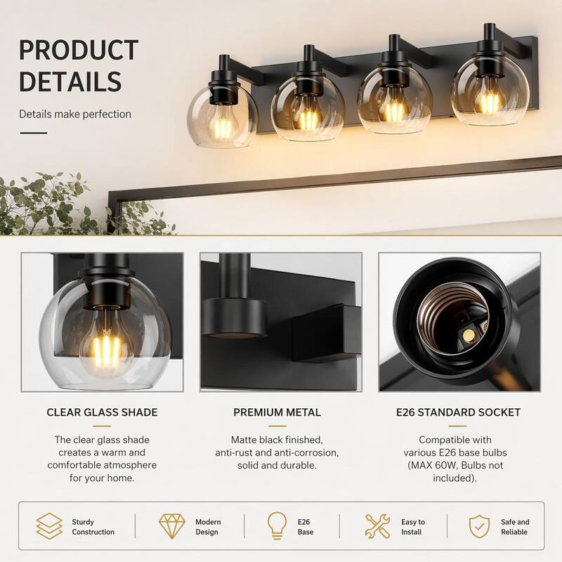 PRODUCT DETAILS  
Details make perfection

- CLEAR GLASS SHADE  
The clear glass shade creates a warm and comfortable atmosphere for your home.

- PREMIUM METAL  
Matte black finished, anti-rust and anti-corrosion, solid and durable.

- E26 STANDARD SOCKET  
Compatible with various E26 base bulbs (MAX 60W, Bulbs not included).

Sturdy Construction  
Modern Design  
E26 Base  
Easy to Install  
Safe and Reliable