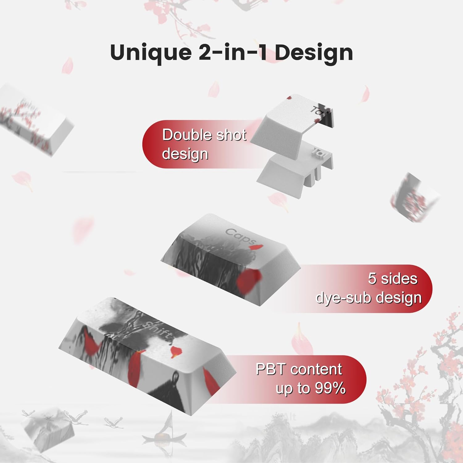 Unique 2-in-1 Design

- Double shot design
- 5 sides dye-sub design
- PBT content up to 99%