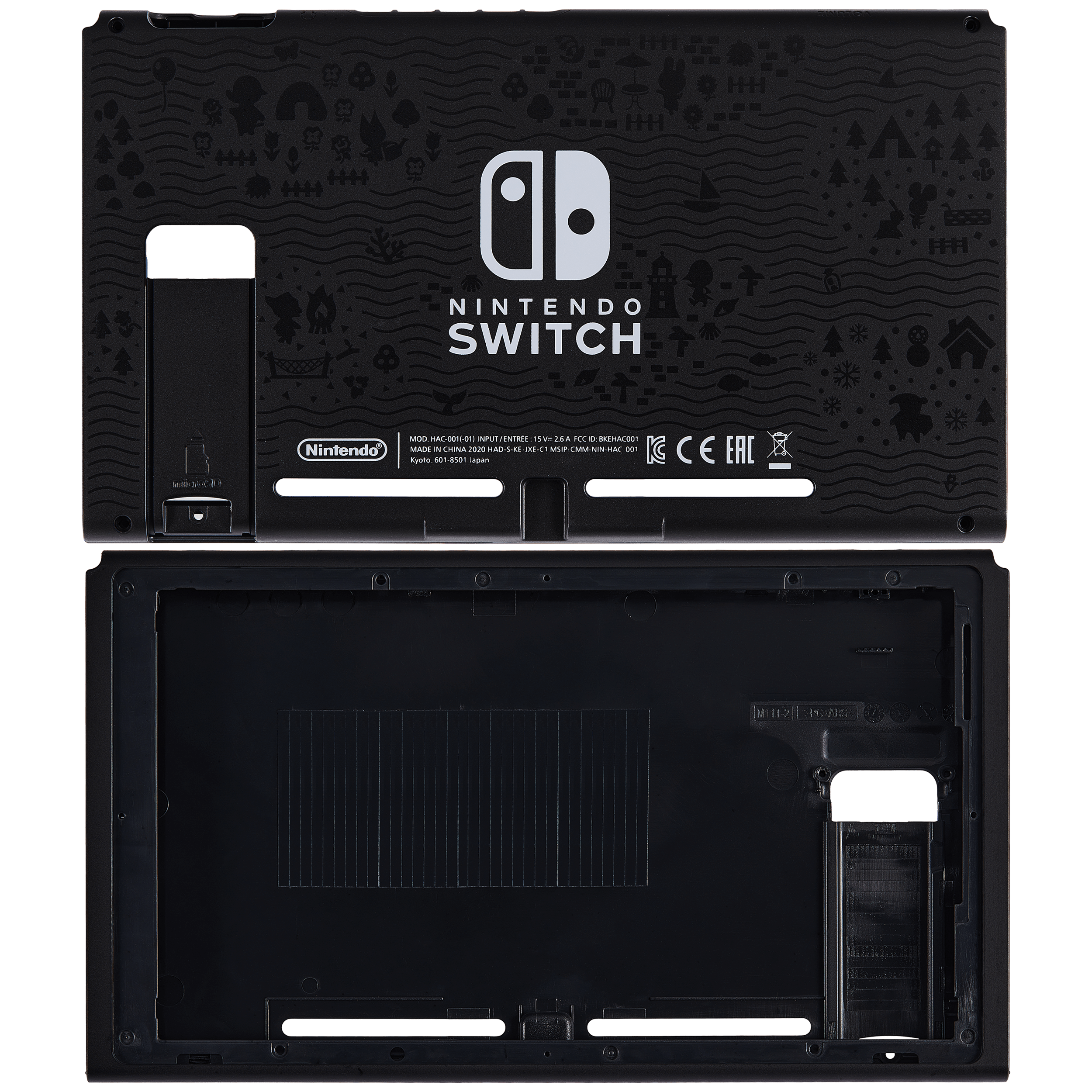 Sure, here is the corrected and grouped text from the image:

---

**Top Section:**

- NINTENDO SWITCH
- Nintendo
- MOD: HAC-001 (INPUT/OUTPUT: 1.5V)
- MADE IN CHINA 2020-2021 HAC-001
- NINTENDO SWITCH
- HAC-001
- 24A IC 1CB HAC-001
- MSP-SPC-MIN-NIN-HAC-01
- CE
- EAC
- FCC ID: NINTENDO HAC-001

**Bottom Section:**

- NINTENDO SWITCH
- Nintendo
- MOD: HAC-001 (INPUT/OUTPUT: 1.5V)
- MADE IN CHINA 2020-2021 HAC-001
- NINTENDO SWITCH
- HAC-001
- 24A IC 1CB HAC-001
- MSP-SPC-MIN-NIN-HAC-01
- CE
- EAC
- FCC ID: NINTEND