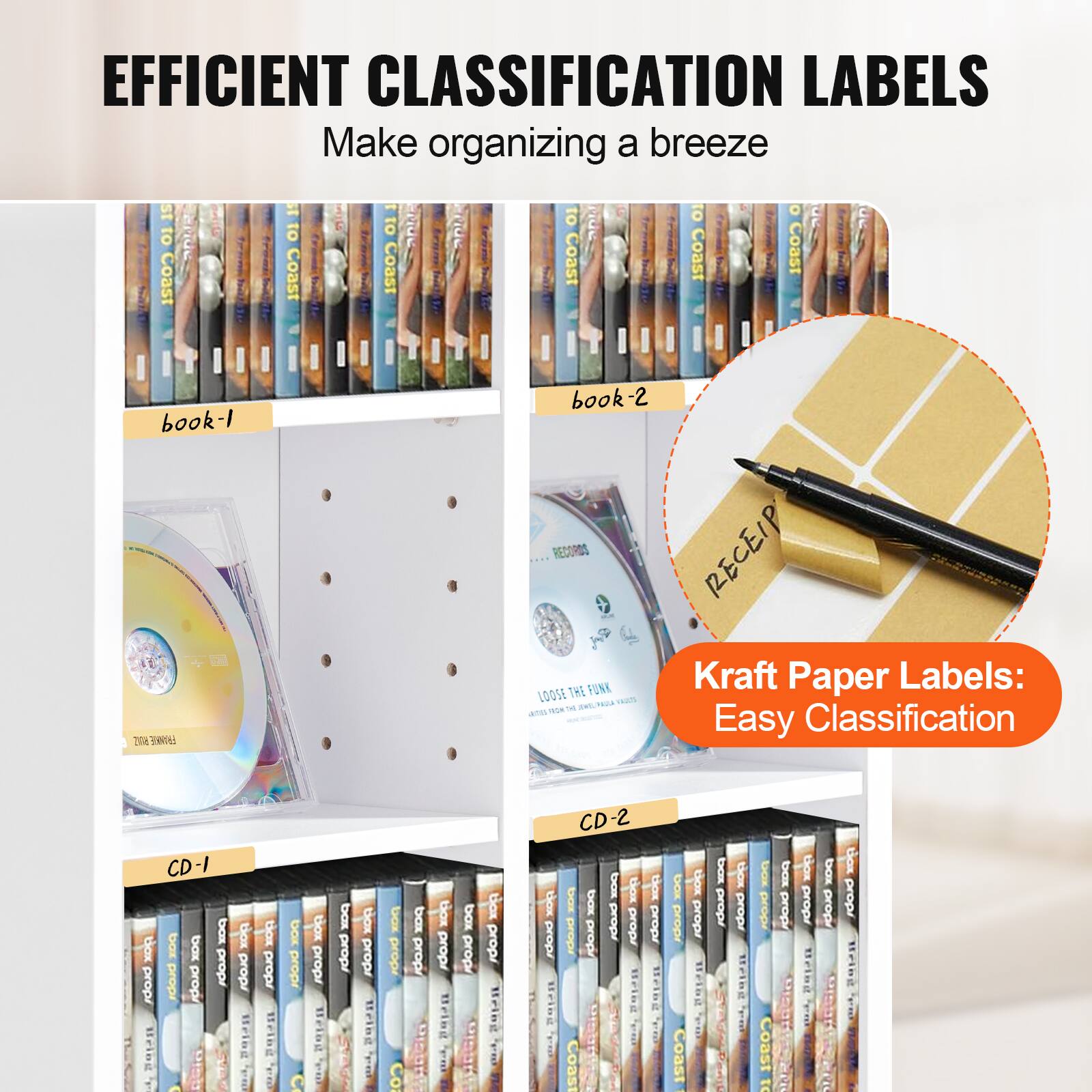 EFFICIENT CLASSIFICATION LABELS  
Make organizing a breeze  

book-1  
book-2  

CD-1  
CD-2  

Kraft Paper Labels: Easy Classification