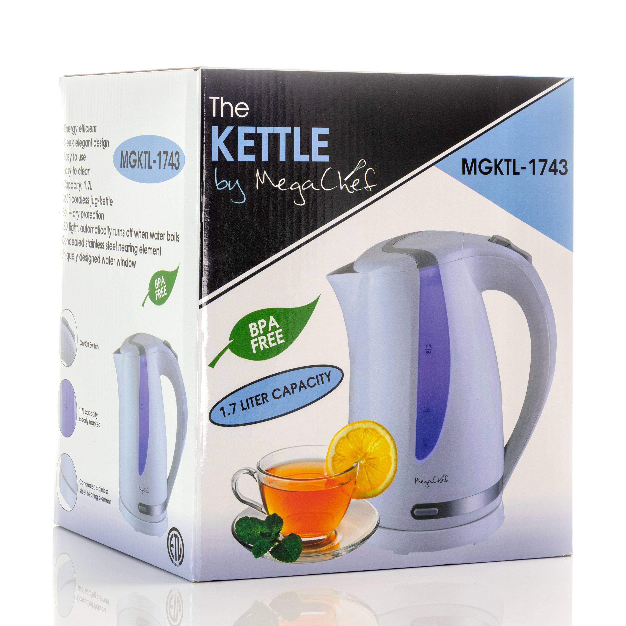 The energy efficient sleek design KETTLE MGKTL-1743 by MegaChef clean and cordless jug-kettle with dry protection. Automatically turns off when water boils. Concealed stainless steel heating element. Rigidly designed water window. BPA FREE. 1.7 LITER CAPACITY.