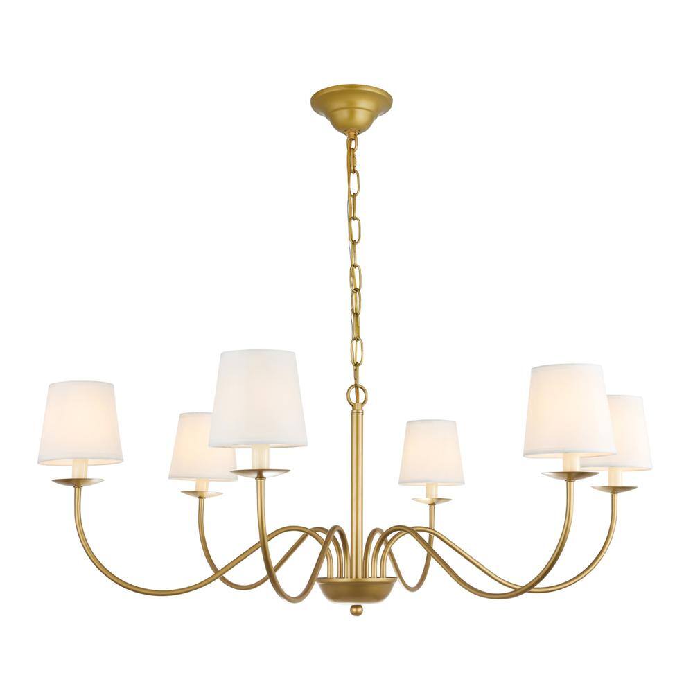 Alt View 5. Living District - Eclipse 6 light Brass and White shade chandelier - Brass And White Shade.