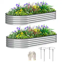 Outsunny - 2PCS Galvanized Raised Garden Bed, 7' x 3' x 1' Raised Beds for Gardening with Plant Support Stakes - Silver