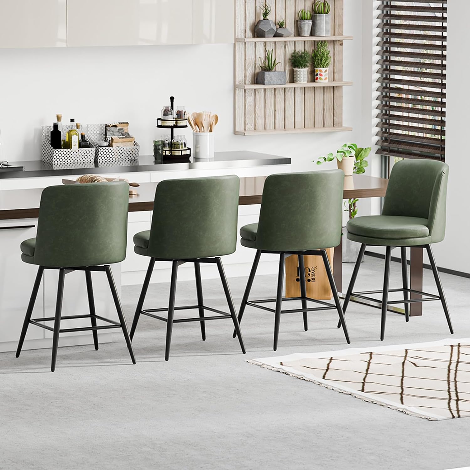 Alt View 6. Winado - 26" H Swivel Barstools PU Faux Leather Upholstered Counter Height Bar Stool Chair with Back, Round Seat, Metal Legs - Vintage Green-Set of 2.