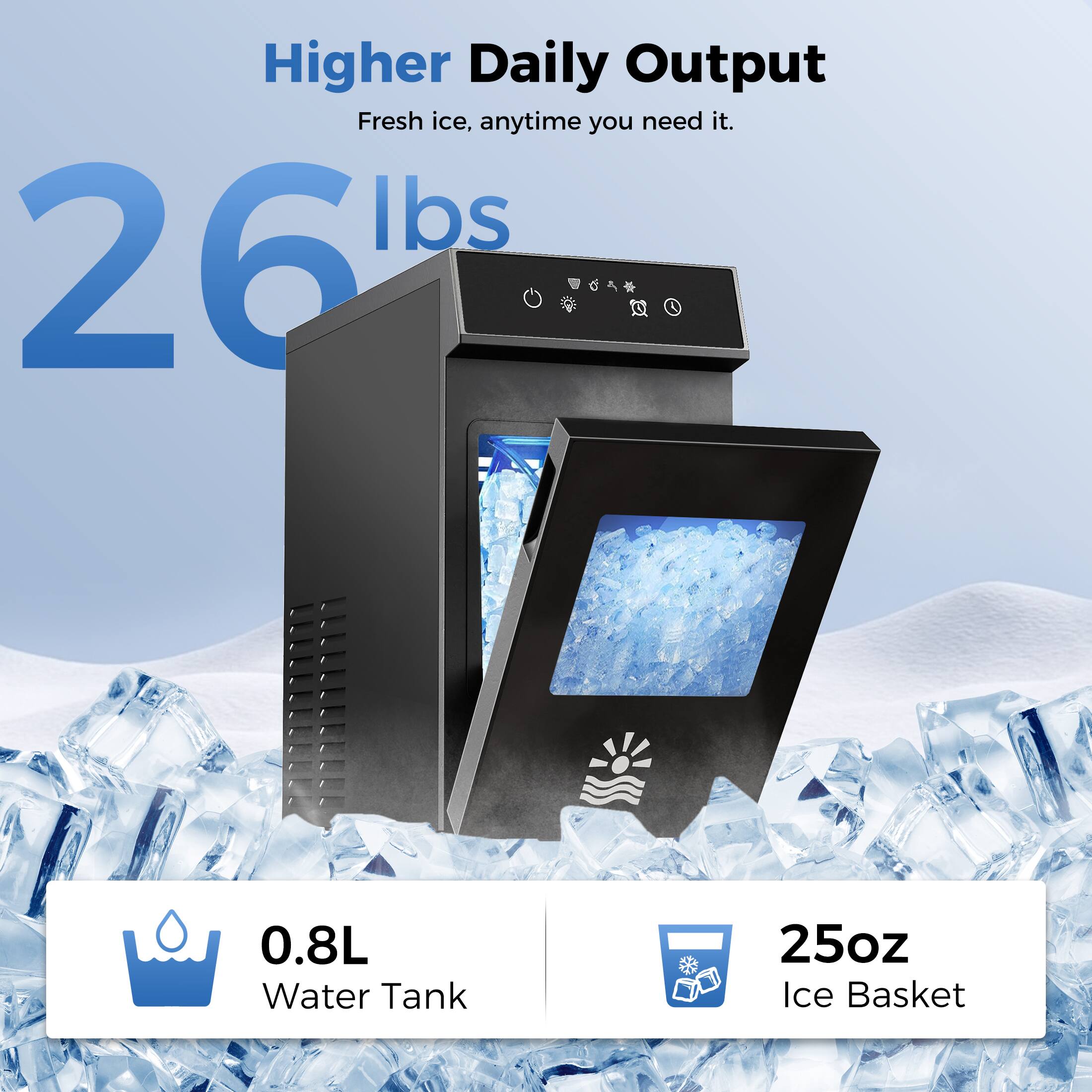 Higher Daily Output  
Fresh ice, anytime you need it.  
26 lbs  

0.8L Water Tank  
25oz Ice Basket