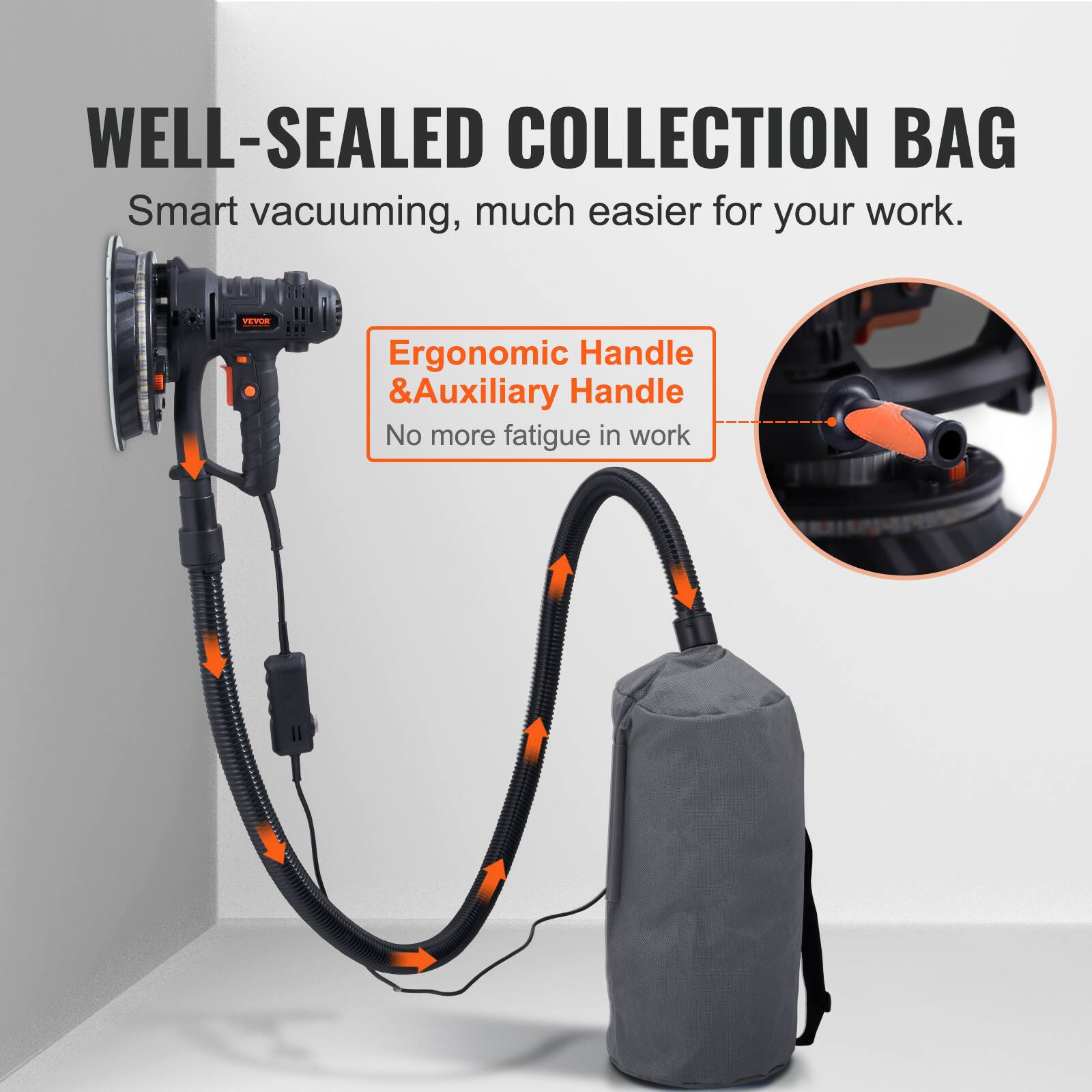 WELL-SEALED COLLECTION BAG  
Smart vacuuming, much easier for your work.  

VEVOR  
Ergonomic Handle & Auxiliary Handle  
No more fatigue in work