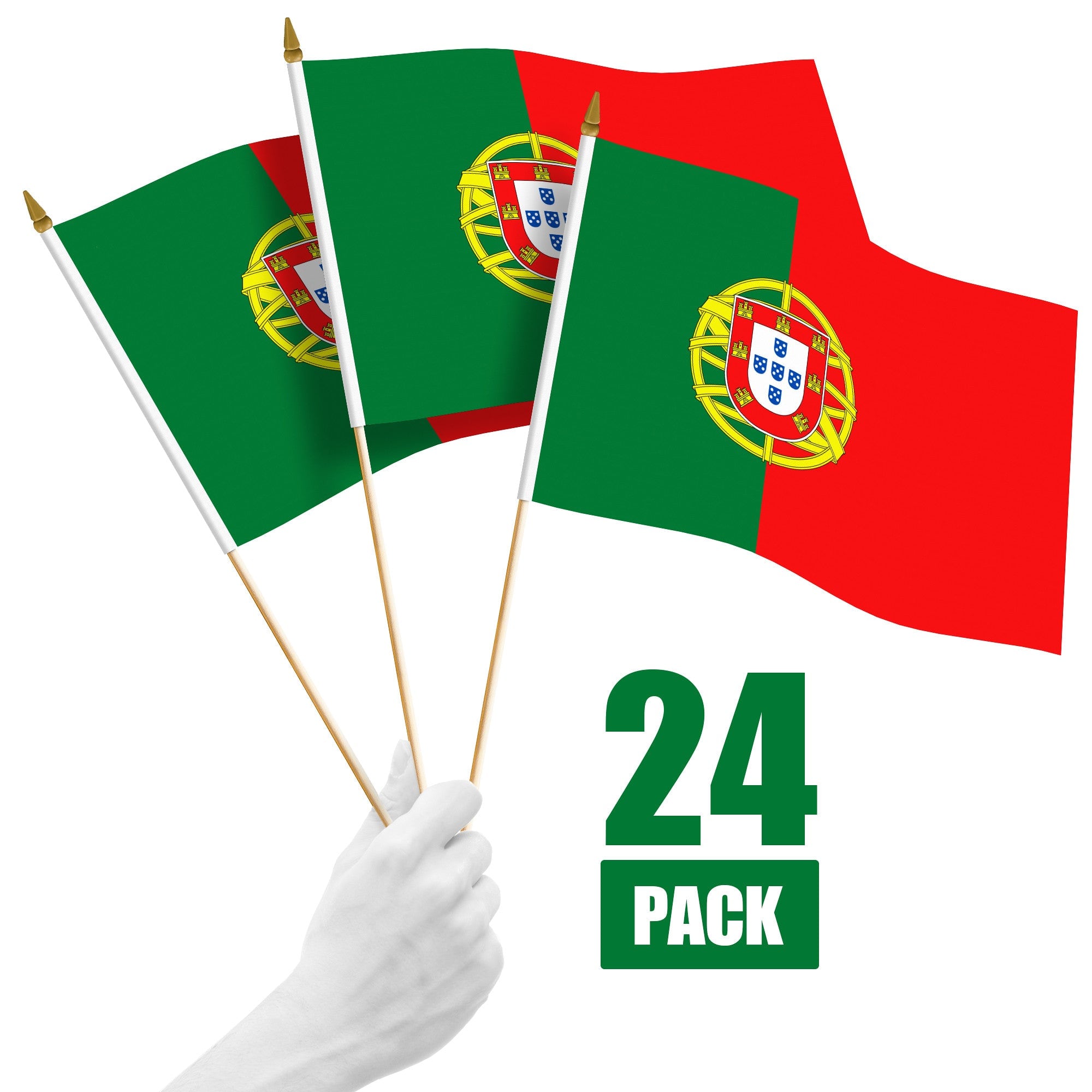 G128 - 24-Pack Handheld Portugal Stick Flags, 12 x 18 in, 150D Polyester with Wooden Stick and Gold Spear Tip - Assorted Colors