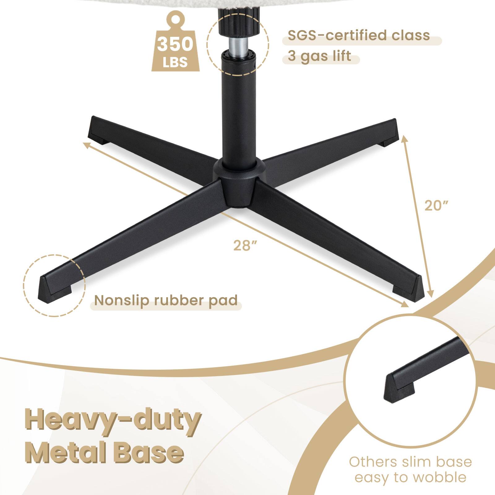 The text on the image is grouped and corrected as follows:

Heavy-duty Metal Base:
- 350 LBS SGS-certified class 3 gas lift
- 20" 28" Nonslip rubber pad
- Others slim base easy to wobble