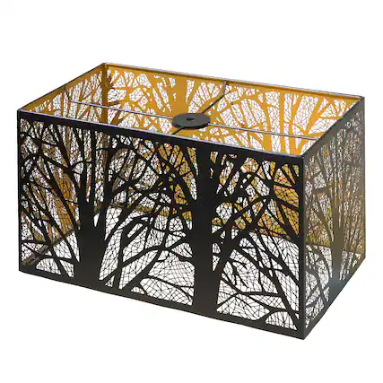 Front. Alucset - Rectangular Small Metal Lamp Shade with Etched Forest Pattern - Vintage Replacement Light Cover for Table Floor Lamps - Black & Gold.