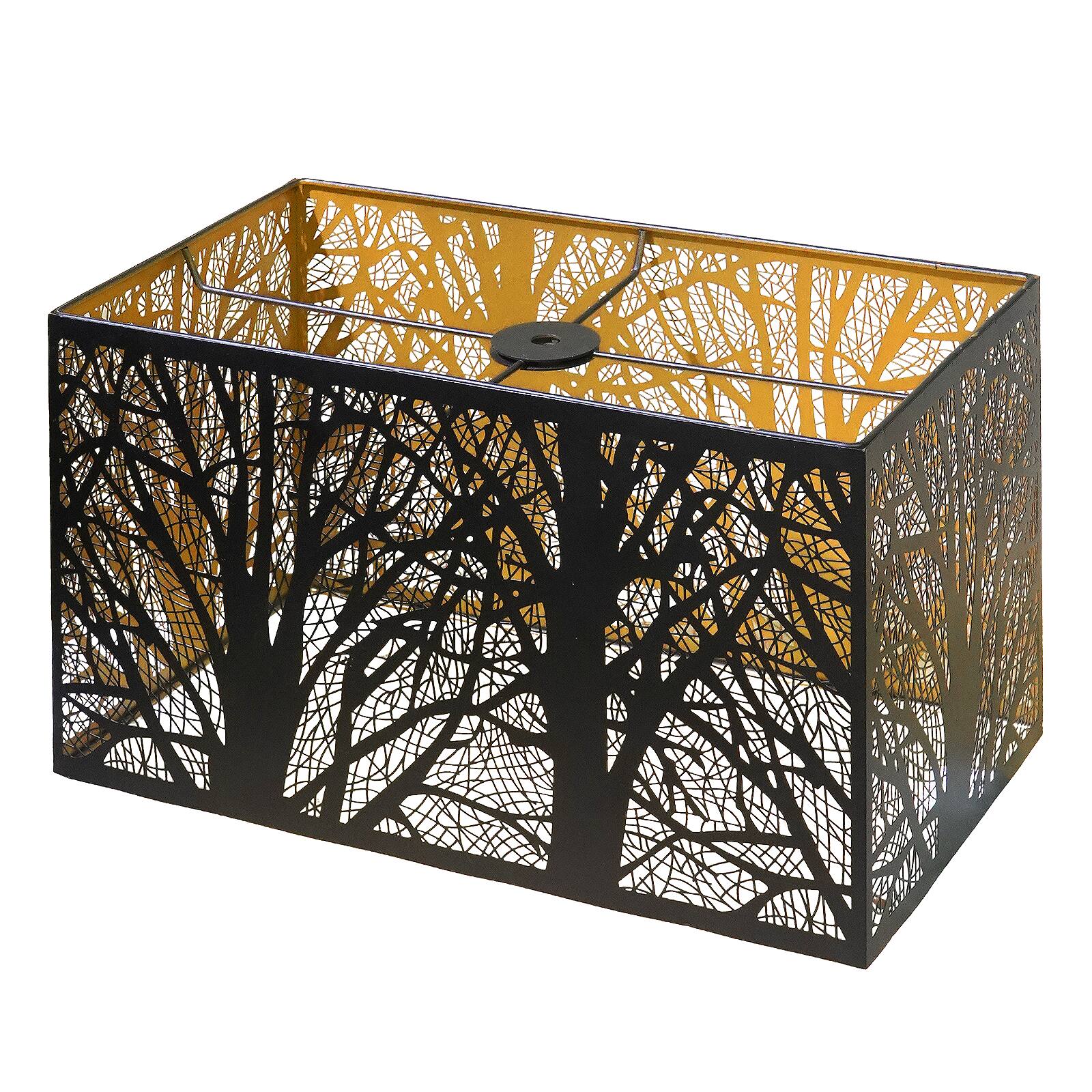 Front. Alucset - Rectangular Small Metal Lamp Shade with Etched Forest Pattern - Vintage Replacement Light Cover for Table Floor Lamps - Black & Gold.