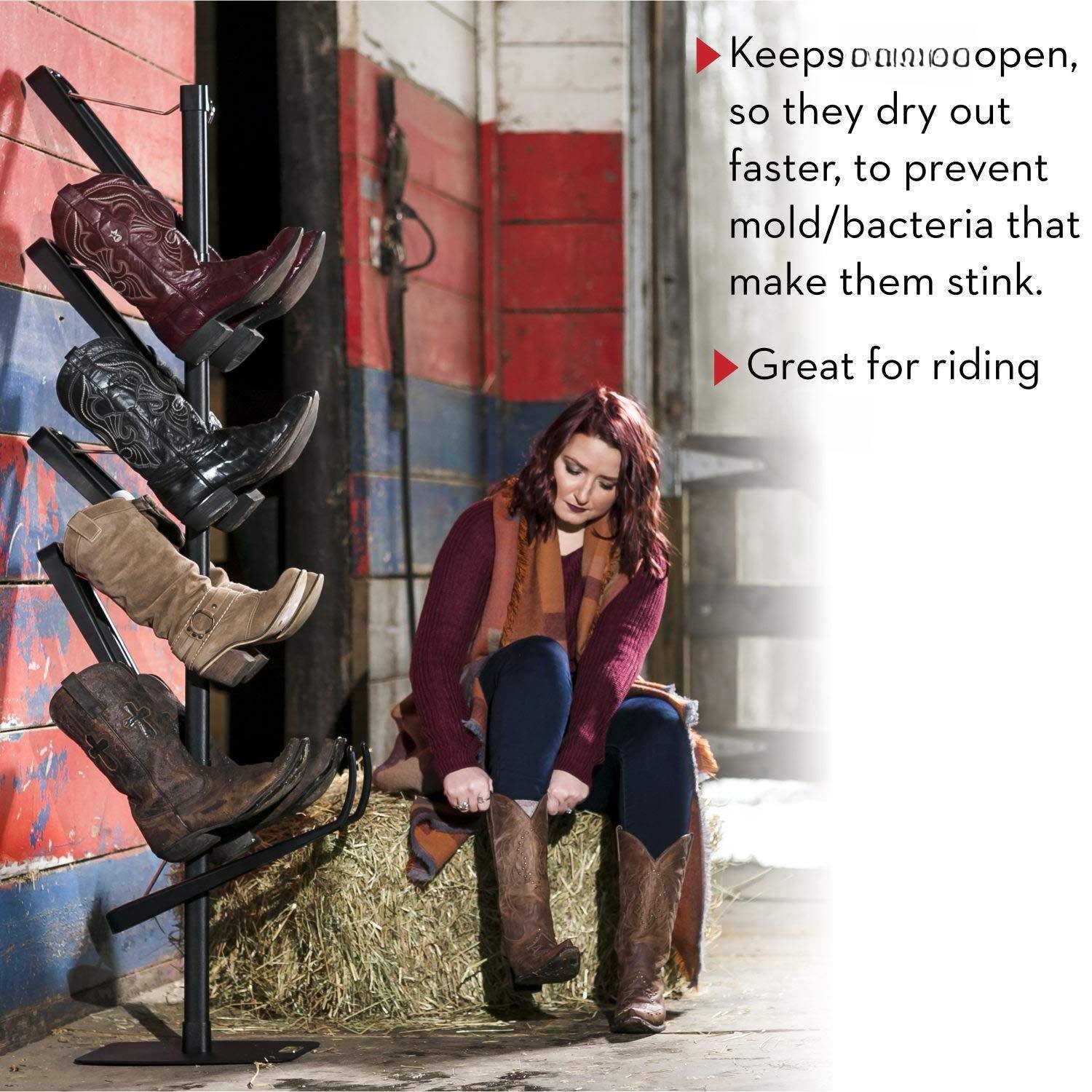 Keeps boots open, so they dry out faster, to prevent mold/bacteria that make them stink.  
Great for riding