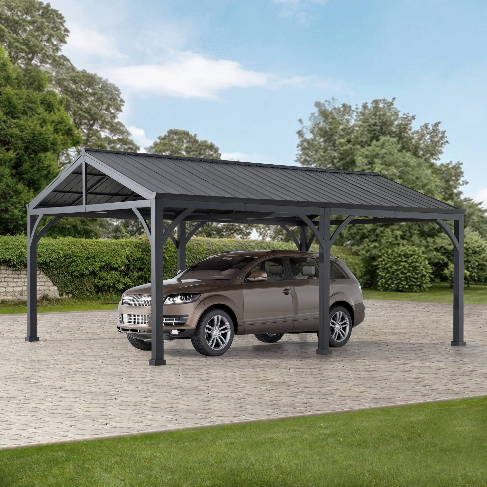 Angle. SUNJOY - Sunjoy Carport 20 x 14 ft Outdoor Gazebo Car Shelter with Brown Powder-Coated Galvanized Steel Roof/Black Frame - Frame: Black Roof: Brown.
