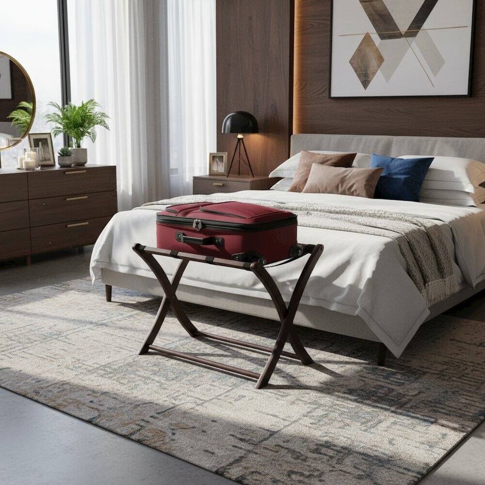Alt View 3. FurniFact - Dark Espresso Solid Wood Folding Luggage Rack for Suitcases with Sturdy Straps - Espresso.