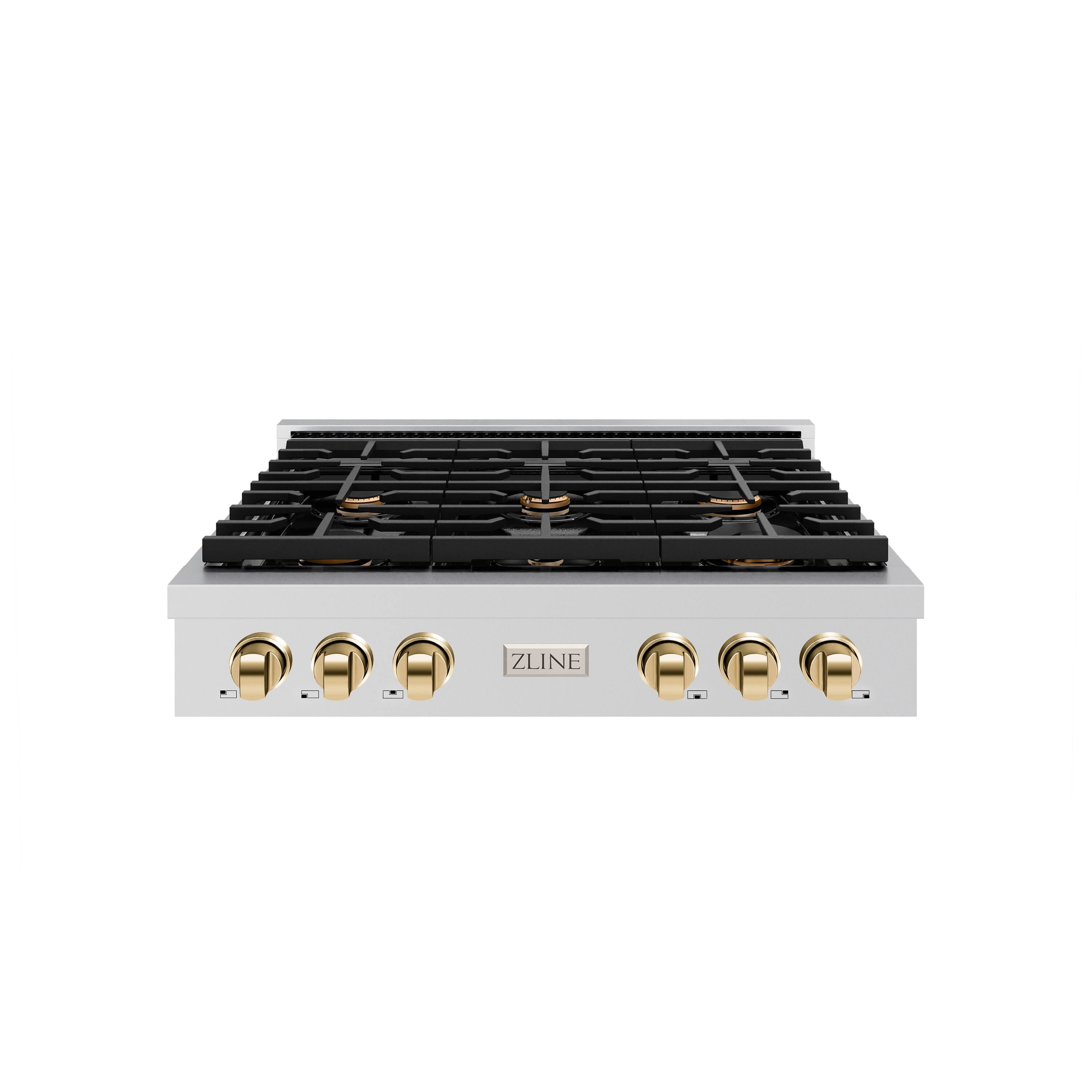 ZLINE - 36 in. Autograph Paramount Gas Rangetop w/ 6 Burners & Polished Gold Accents (SRTZ-36-G) - Stainless Steel