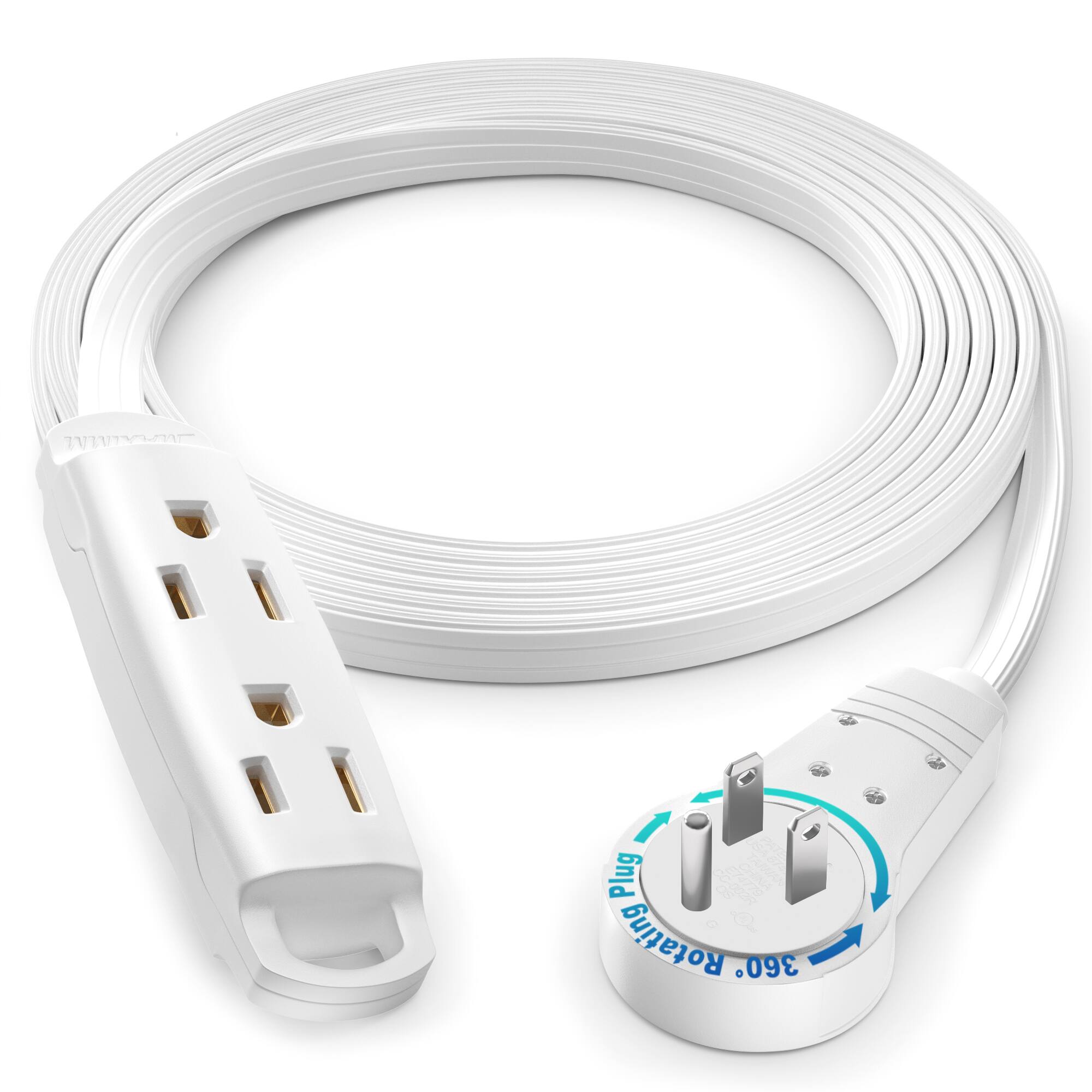 Maximm - 360 Degree Rotating Flat Extension Cord 6 Ft Multi 3 Outlet Power Cord Grounded 16 AWG UL Certified - White