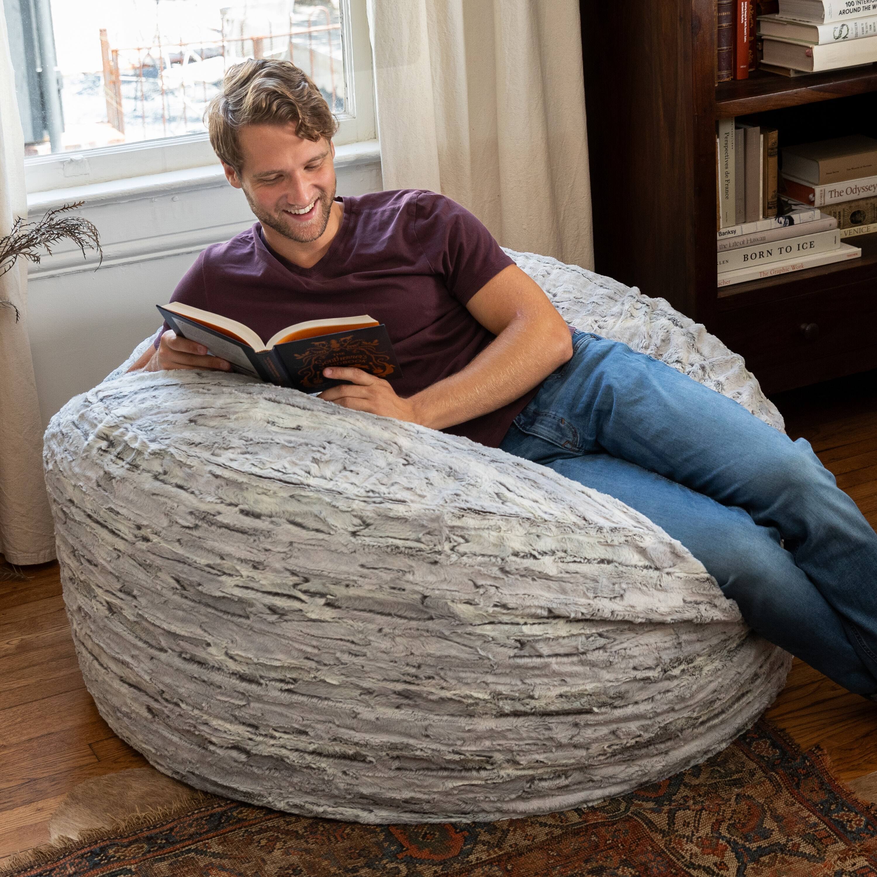 Jaxx - Saxx 4 Ft Plush Round Bean Bag - Premium Luxe Faux Fur, Silver Fox - Luxe Fur - Silver Fox