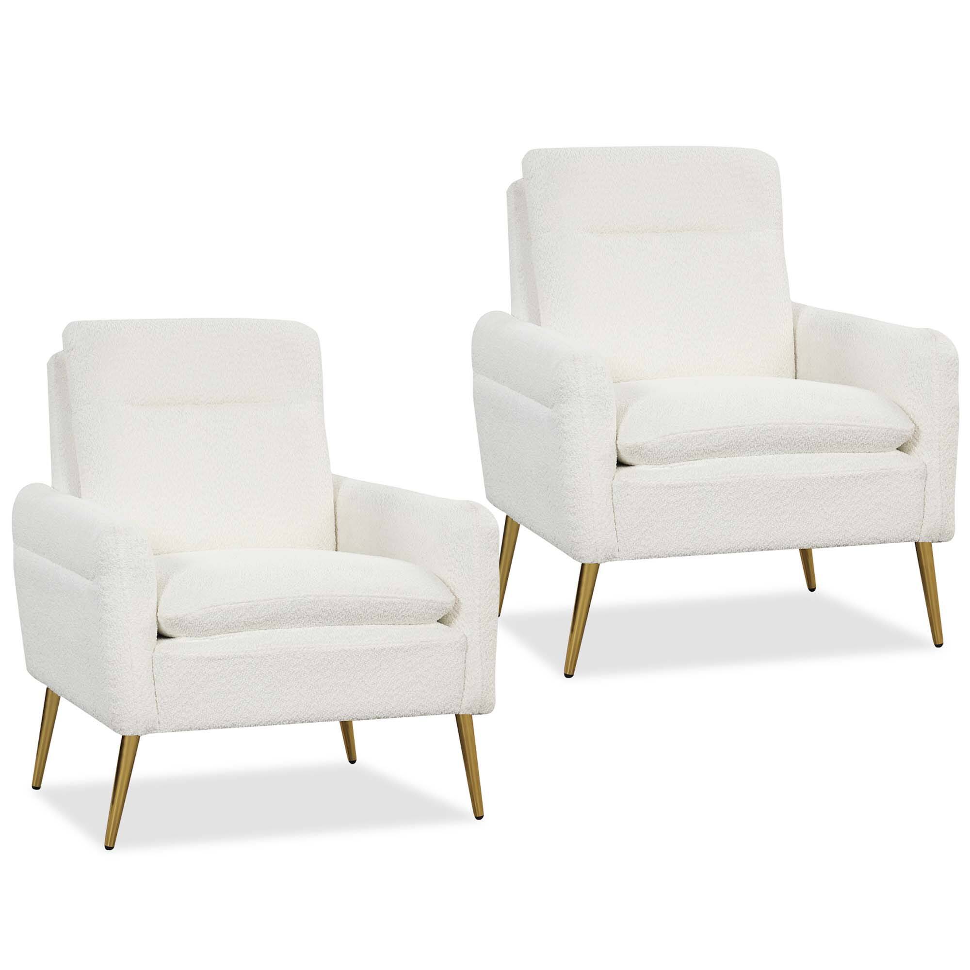 Front. Costway - Set of 2 Modern Accent Chair Upholstered Armchair w/ Tapered Metal Legs - White.