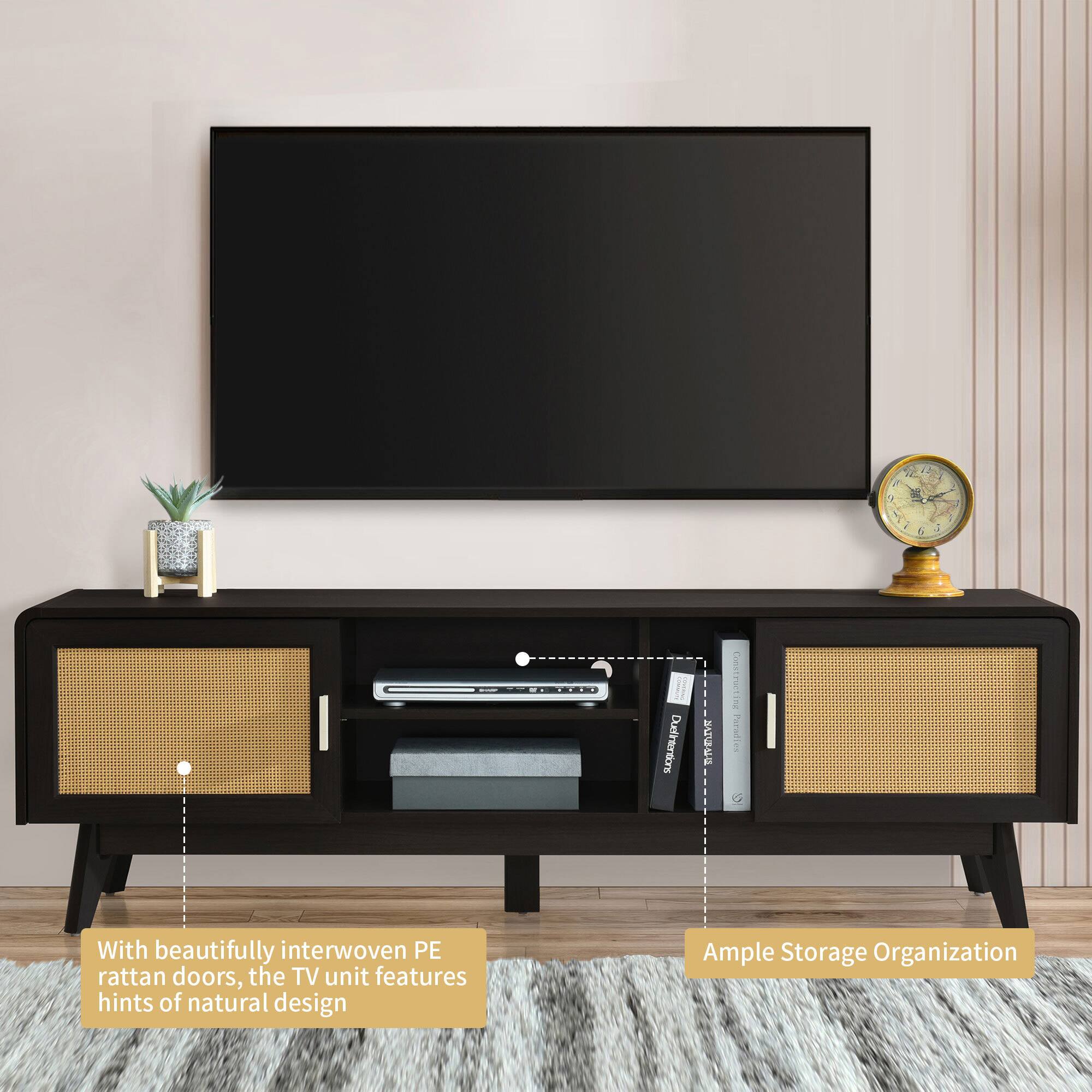With beautifully interwoven PE rattan doors, the TV unit features hints of natural design.

Ample Storage Organization