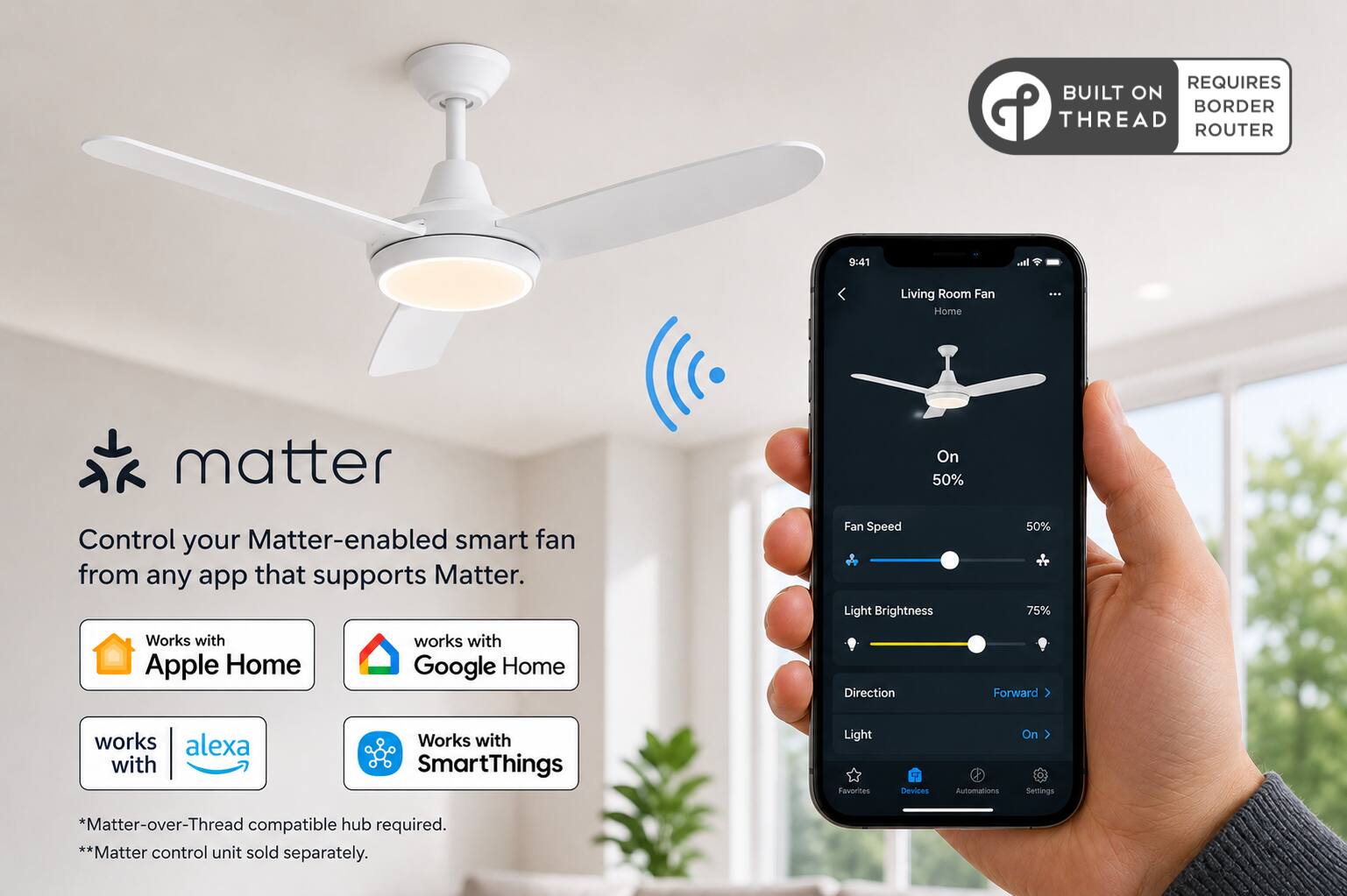 REQUIRES BUILT ON BORDER THREAD ROUTER

9:41

It..
Living Room Fan Home
...
matter

Control your Matter-enabled smart fan from any app that supports Matter.

Fan Speed Light Brightness
50%  75%

Works with Apple Home
works with Google Home
Direction
Forward
works with alexa
Works with SmartThings
Light Favorites
Devices
Automations
On Settings

*Matter-over-Thread compatible hub required. **Matter control unit sold separately.