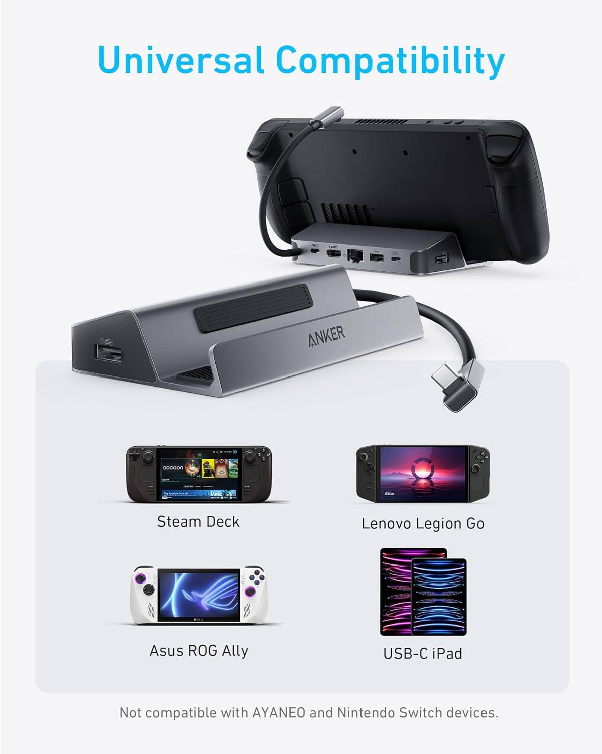 Universal Compatibility ANKER Steam Deck Lenovo Legion Go Asus ROG Ally USB-C iPad Not compatible with AYANEO and Nintendo Switch devices.