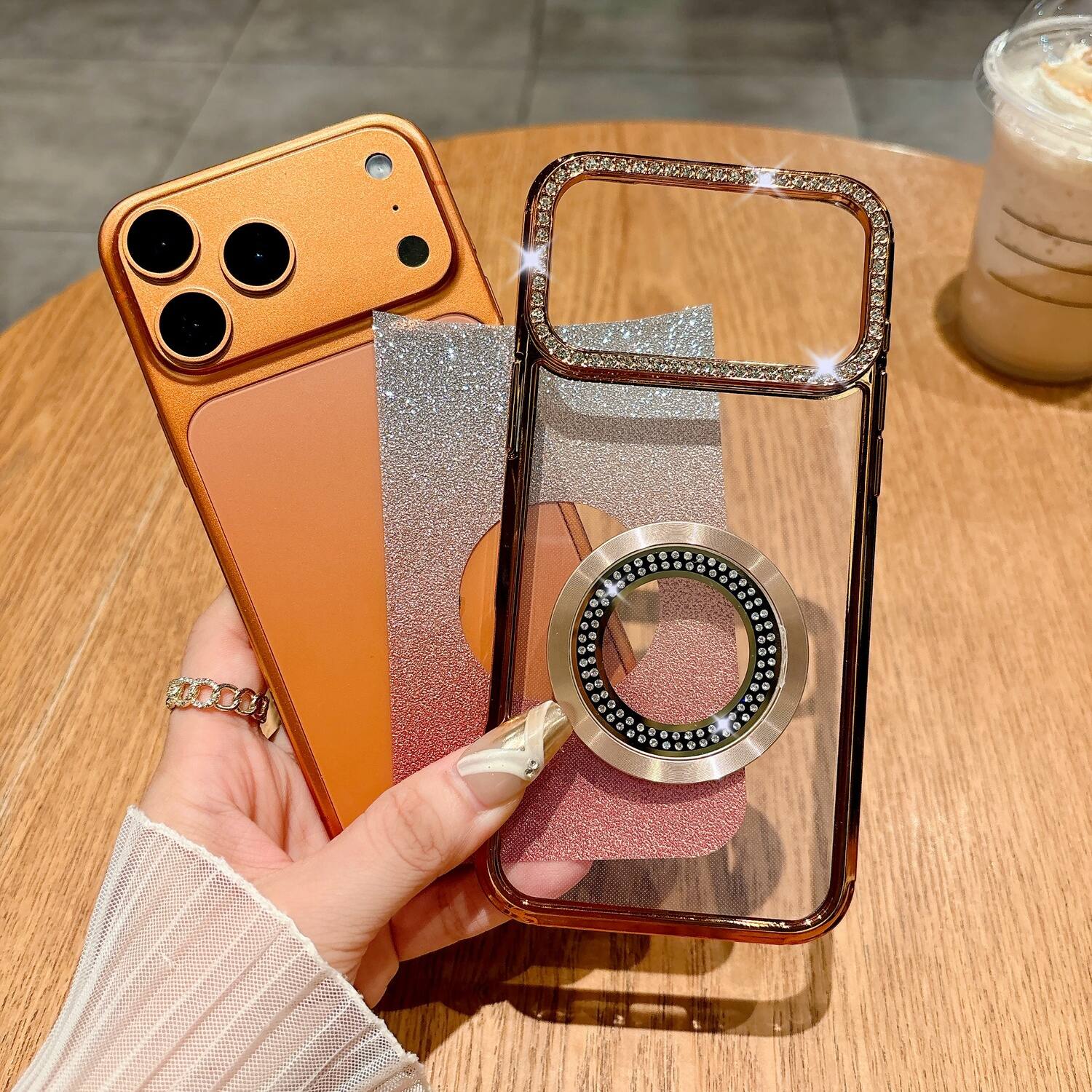 Back. Dteck - Glitter Gradient Phone Case for Apple iPhone 17 Pro with Diamond Camera Bezel, Magnetic Slim Shockproof Protective Cover - Orange.