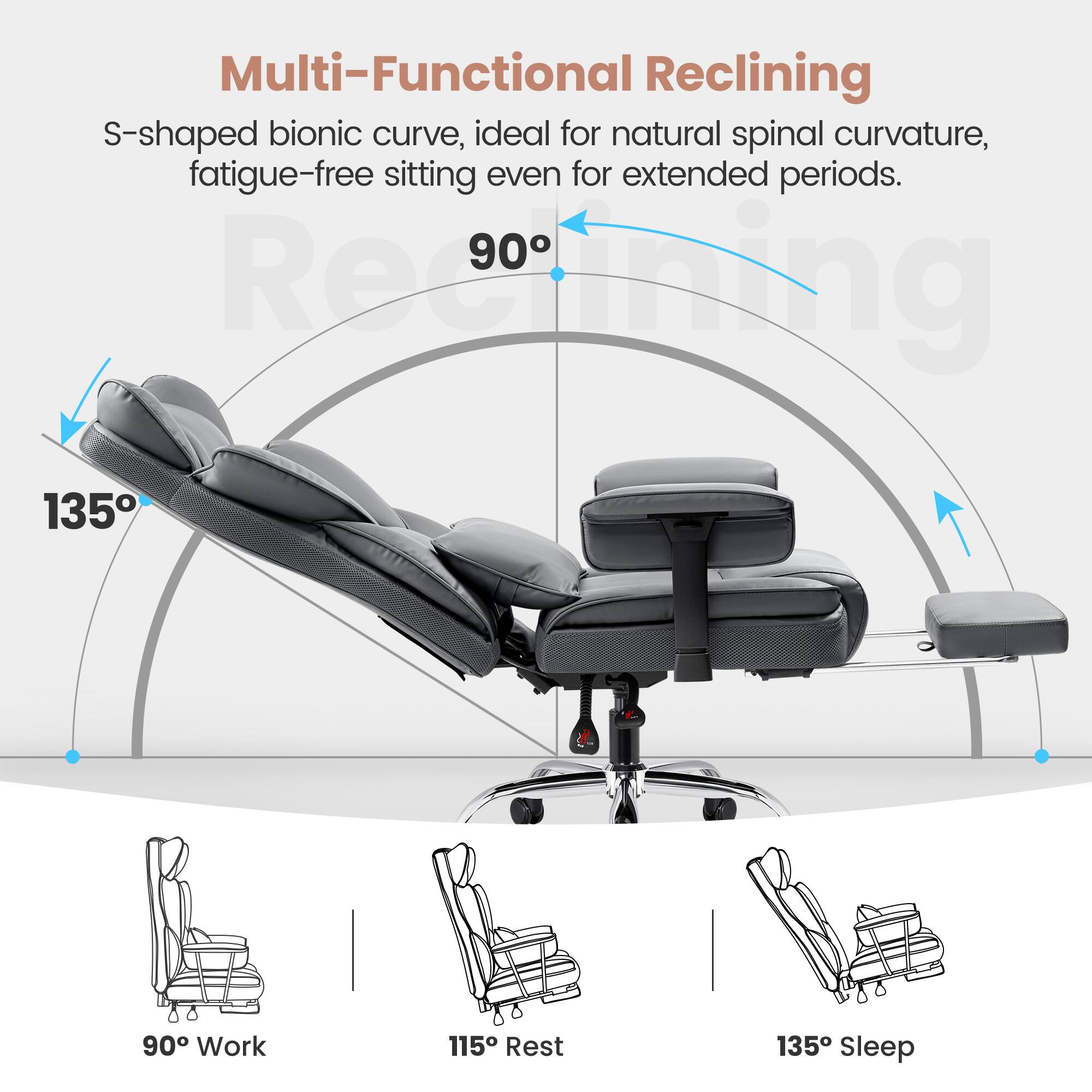 Multi-Functional Reclining  
S-shaped bionic curve, ideal for natural spinal curvature, fatigue-free sitting even for extended periods.  

90° Work  
115° Rest  
135° Sleep