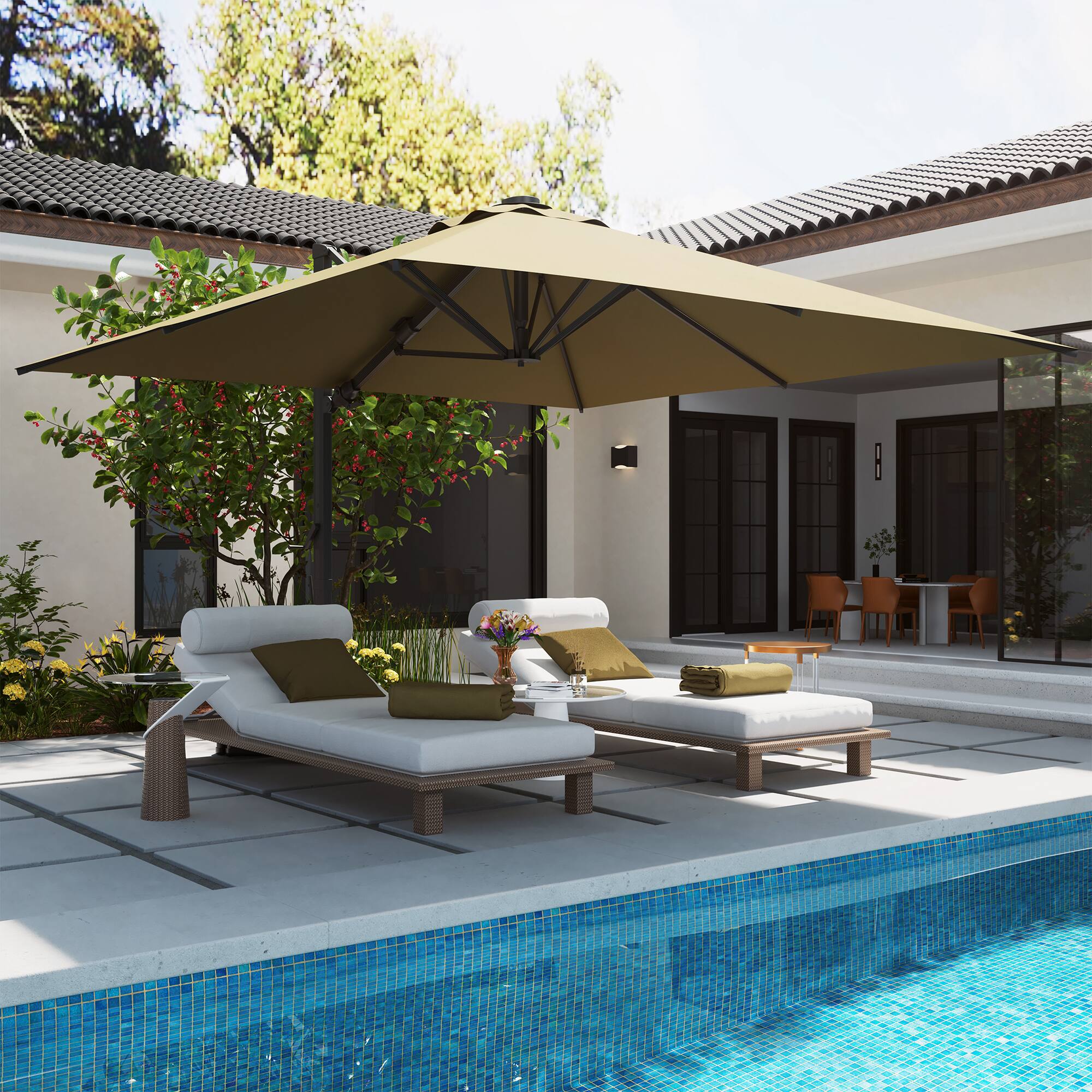 Angle. Mondawe - 10x10ft Patio Cantilever Umbrella Square Large Offset Umbrella with Bluetooth Speaker - Tan.