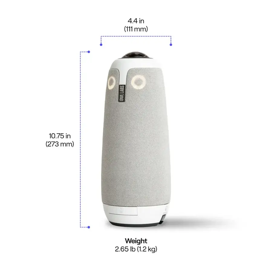 The image features a small robotic speaker with a size of 4.4 inches (111 mm) and a weight of 2.65 pounds (1.2 kg).