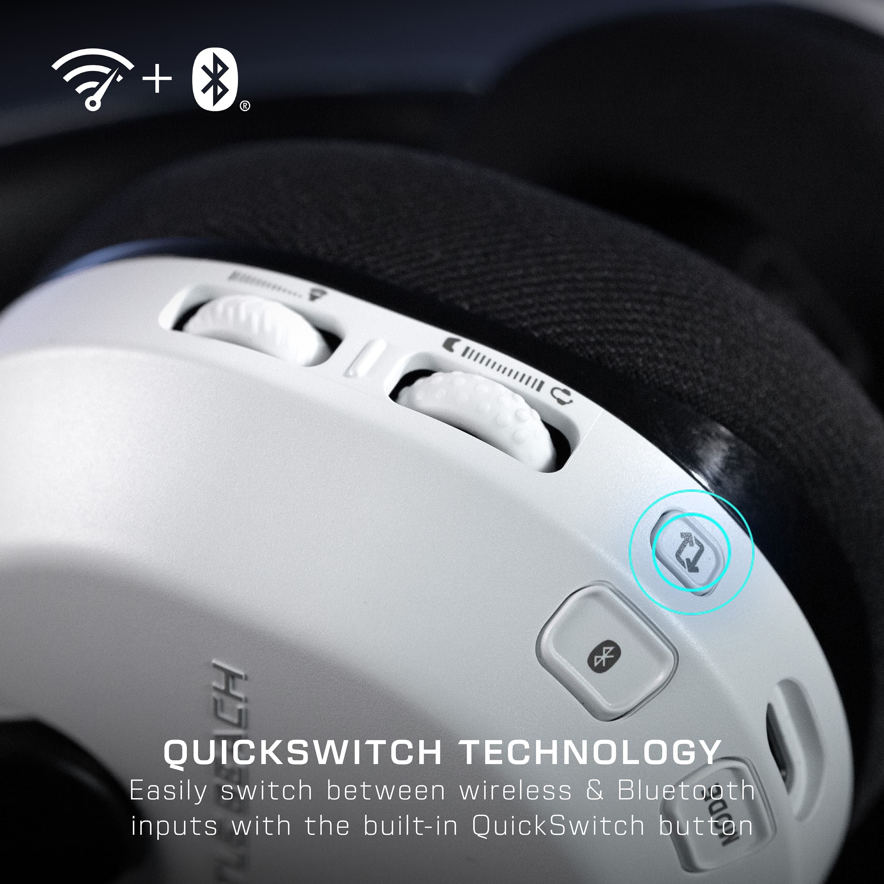 The image shows a close-up of a headset with a QuickSwitch Technology button. The button allows for easy switching between wireless and Bluetooth inputs, providing users with more flexibility and convenience. The headset is designed with a built-in QuickSwitch button, which is located on the side of the device. This feature enables users to quickly and seamlessly switch between different input options without having to manually disconnect or reconnect the headset.
