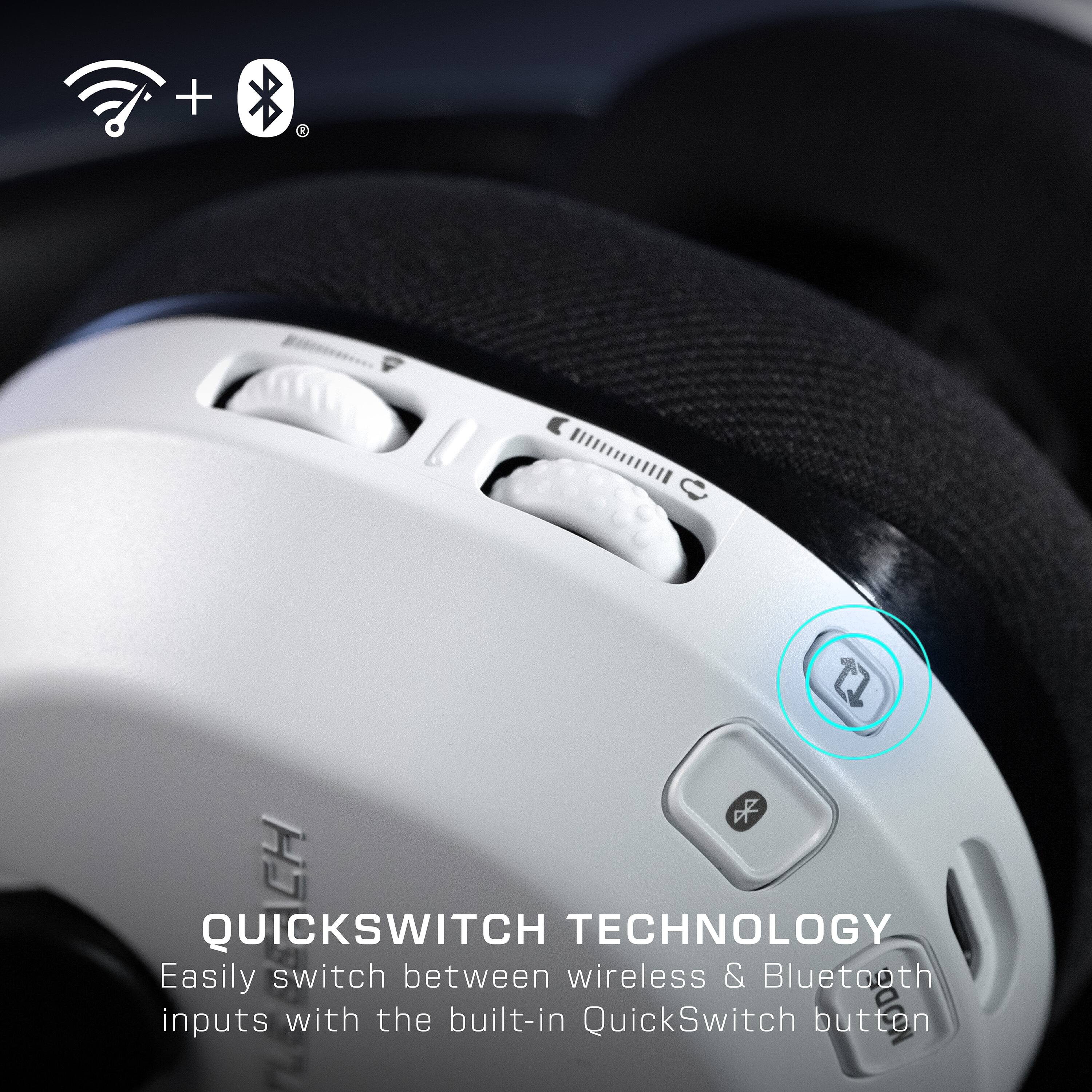 The image shows a close-up of a headset with a QuickSwitch Technology button. The button allows for easy switching between wireless and Bluetooth inputs, providing users with more flexibility and convenience. The headset is designed with a built-in QuickSwitch button, which is located on the side of the device. This feature enables users to quickly and seamlessly switch between different input options without having to manually disconnect or reconnect the headset.
