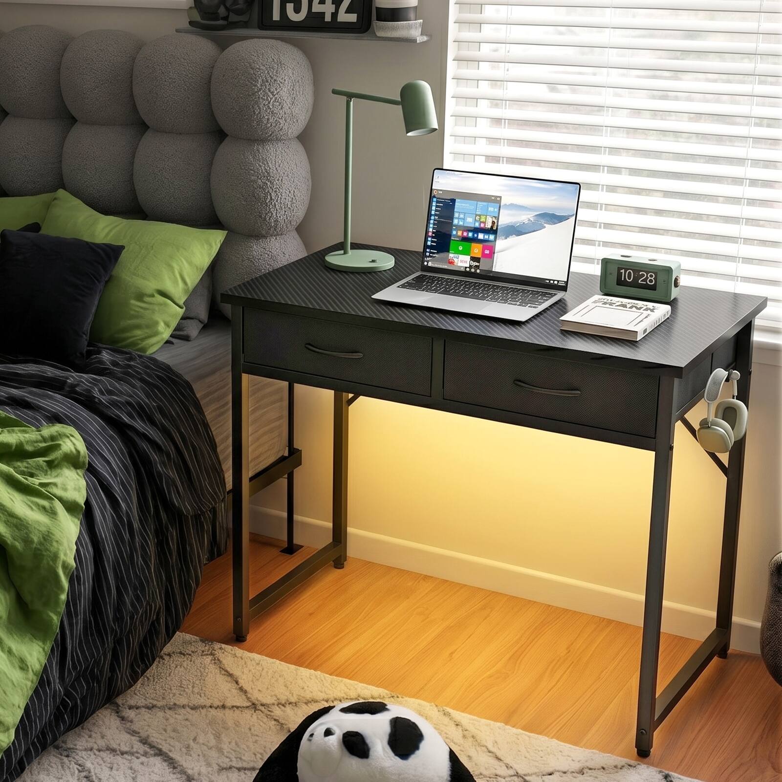 Angle. Pinmoco - Pinmoco 32"/42" Small Computer Desk with RGB LED Lights & 2 Fabric Drawers, Modern Dorm Study Desk for Small Spaces - 32" Black.