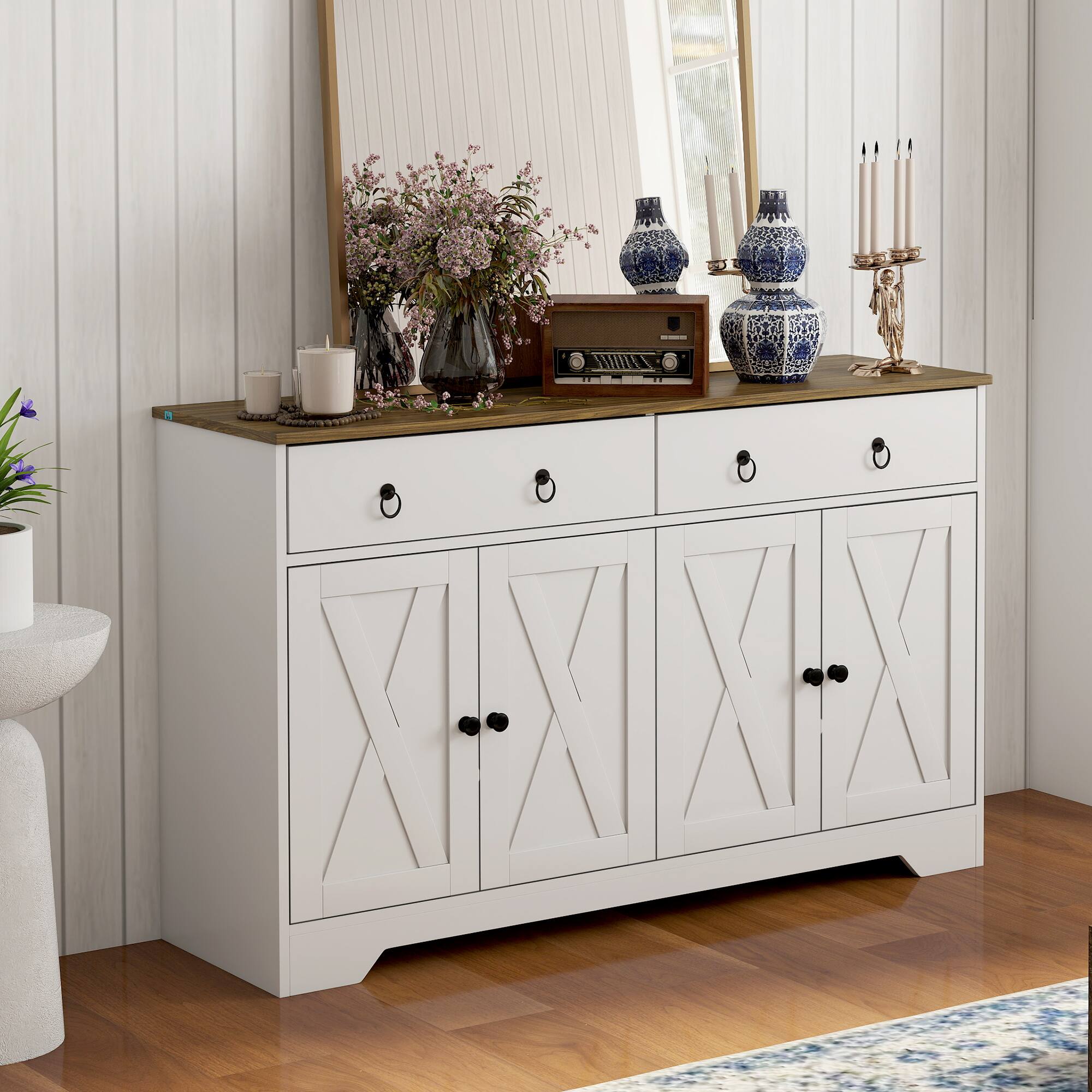 Alt View 7. Homcom - Storage Sideboard, Farmhouse Buffet Cabinet with Barn Style Doors, Drawers - White.