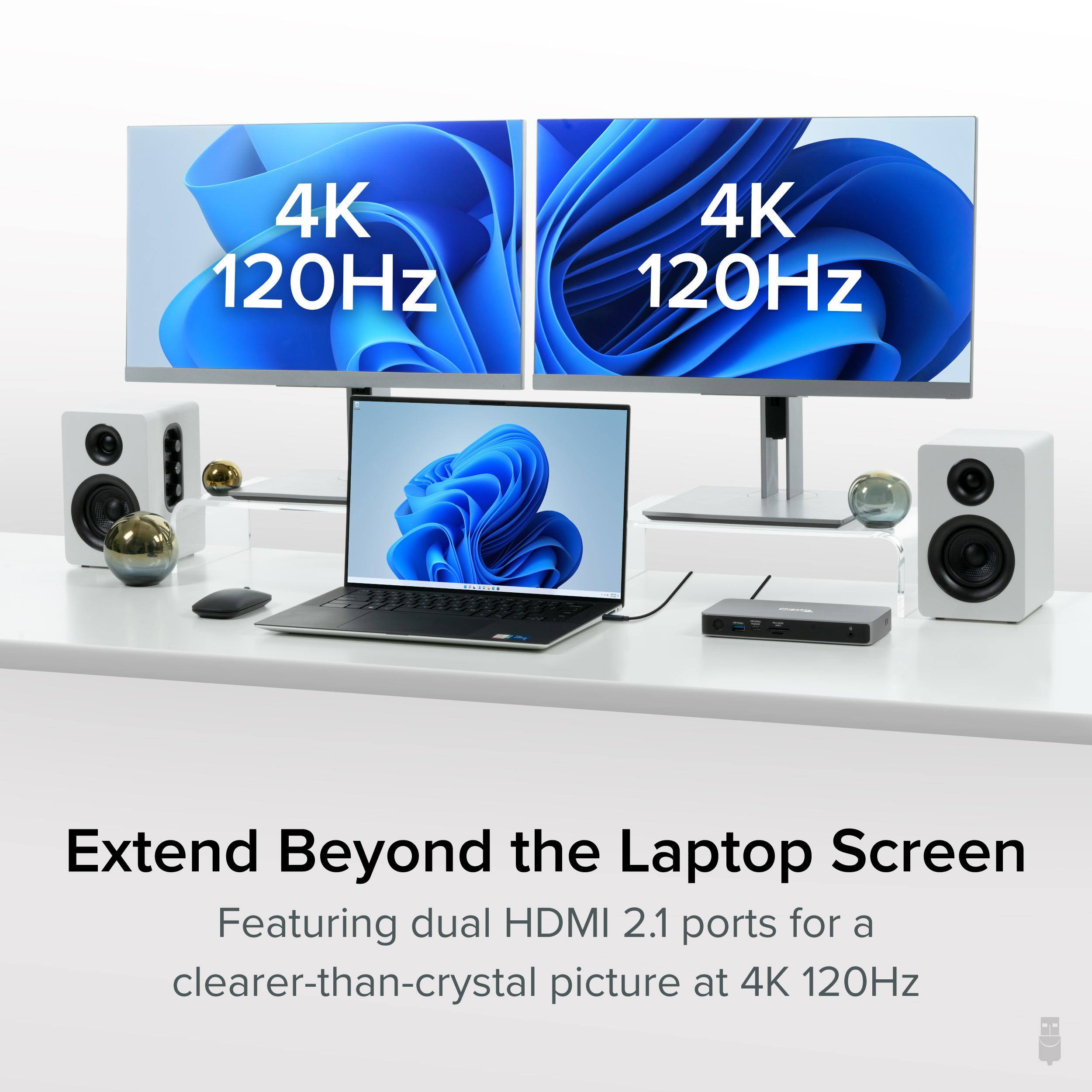 4K 120Hz, 4K 120Hz, Extend Beyond the Laptop Screen, Featuring dual HDMI 2.1 ports for a clearer-than-crystal picture at 4K 120Hz