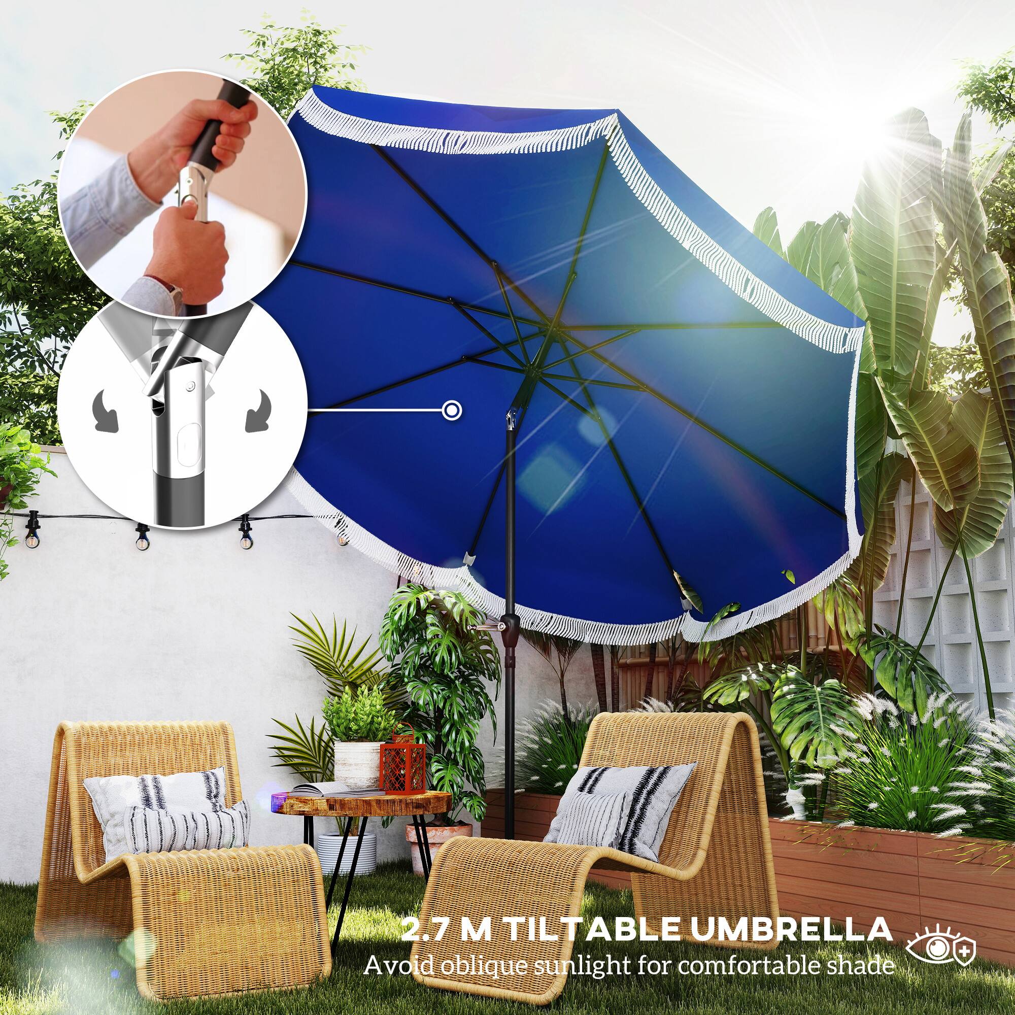 2.7 M TILTABLE UMBRELLA
Avoid oblique sunlight for comfortable shade